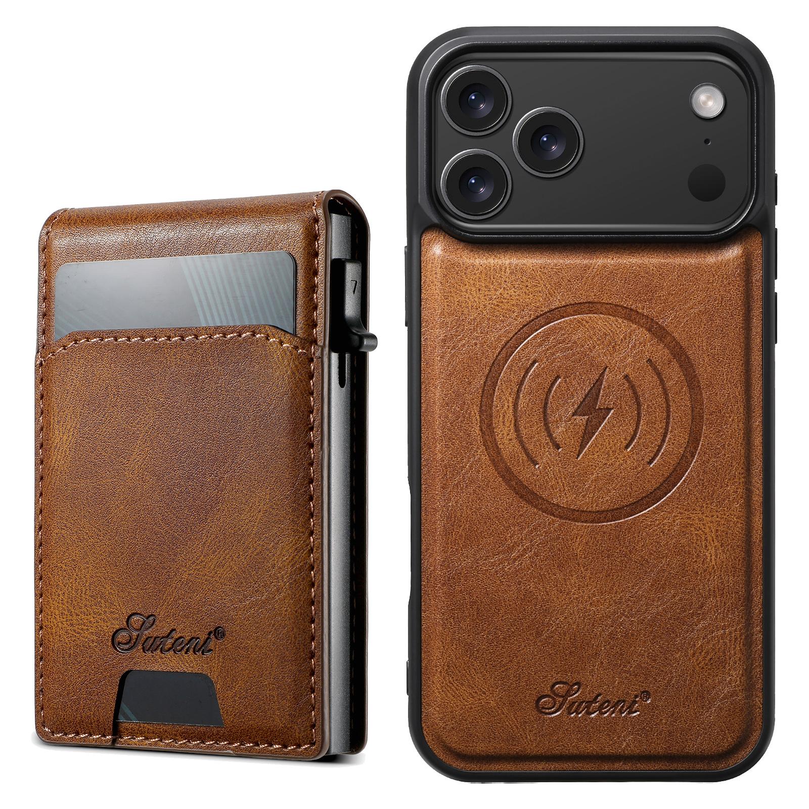 Compatible with iPhone 18 Pro Suteni H19 Oil Wax 2-in-1 MagSafe Removable Card Box Back Phone Case - Brown