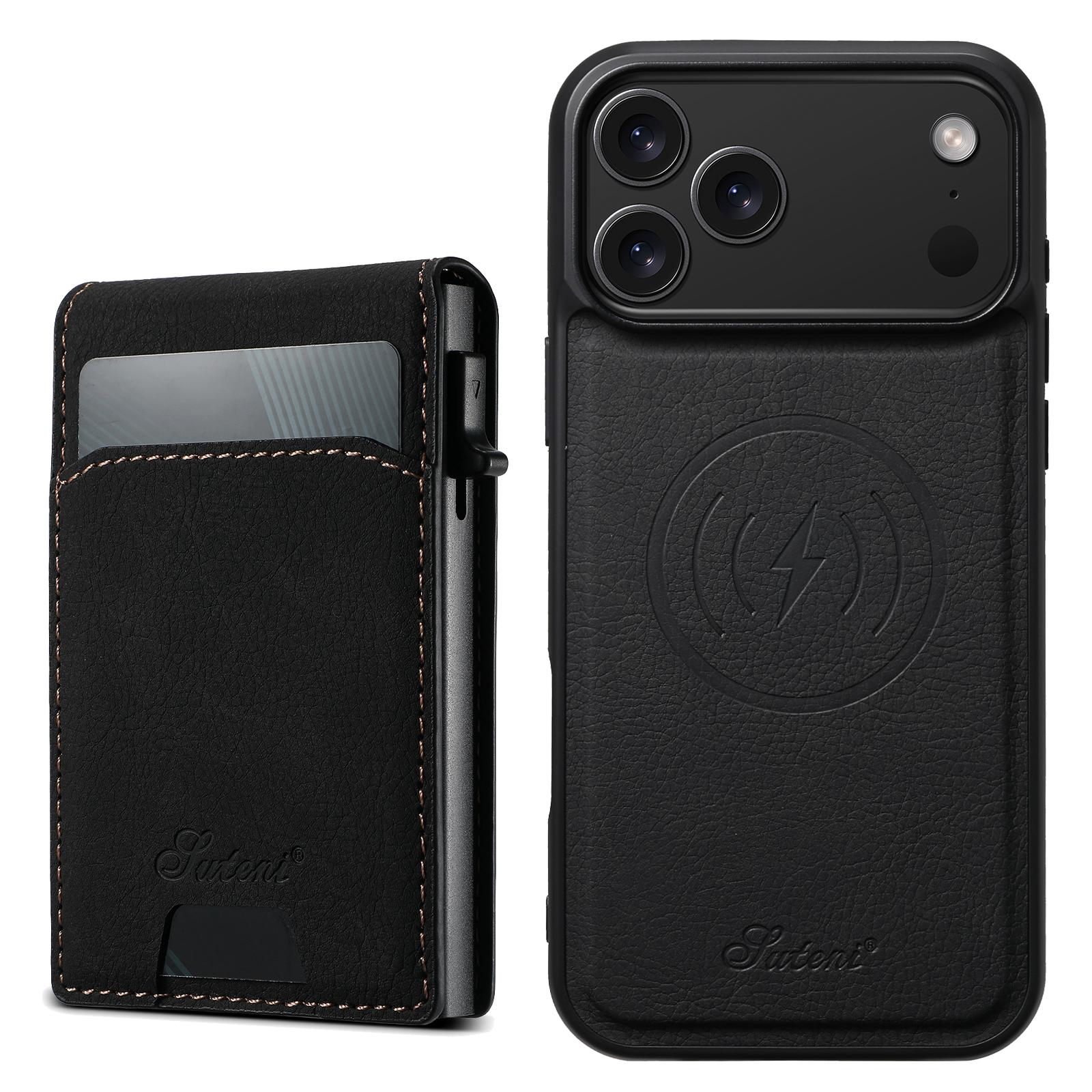 Compatible with iPhone 18 Pro Suteni H19 Litchi Grain 2-in-1 MagSafe Removable Card Box Back Phone Case - Black