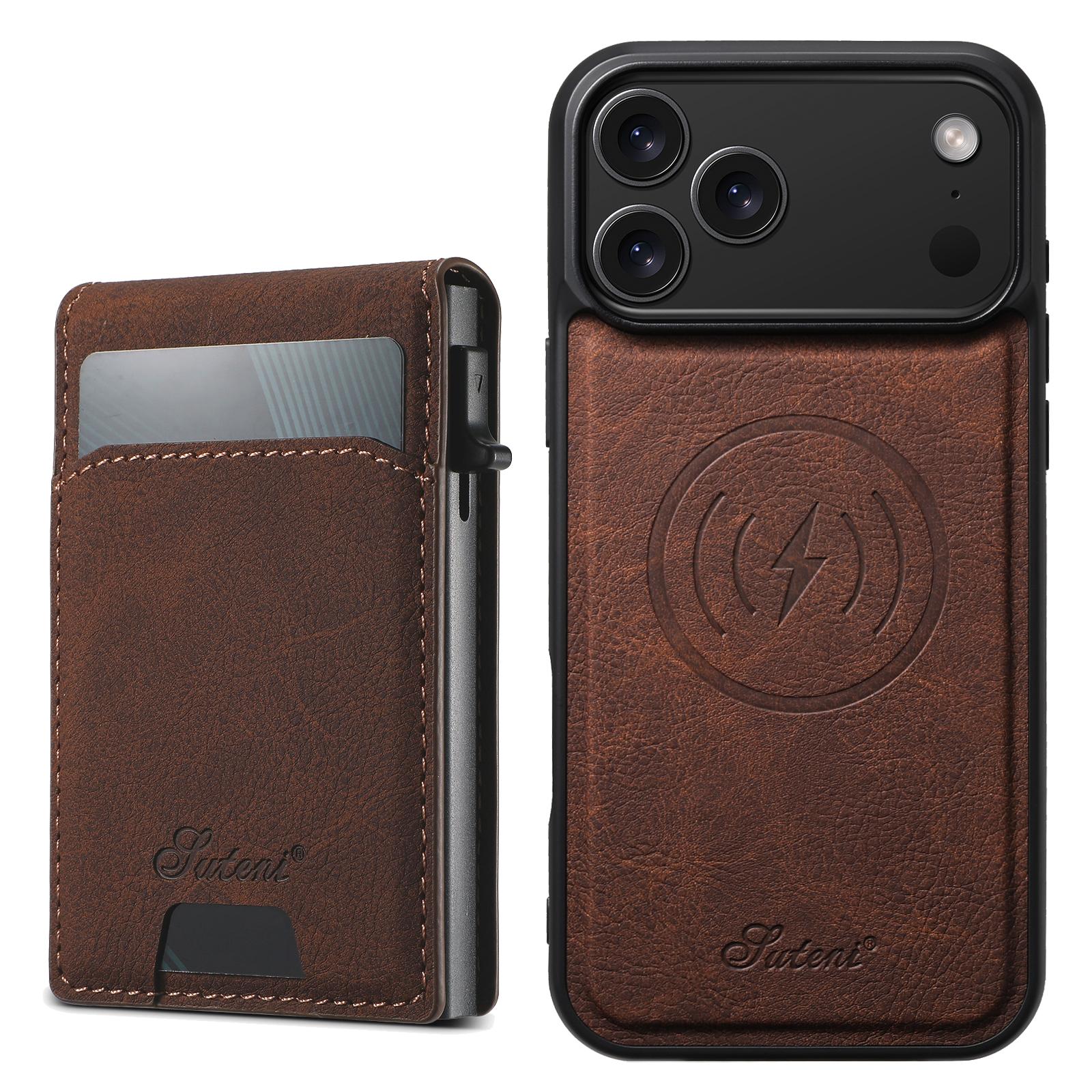 Compatible with iPhone 18 Pro Suteni H19 Litchi Grain 2-in-1 MagSafe Removable Card Box Back Phone Case - Brown