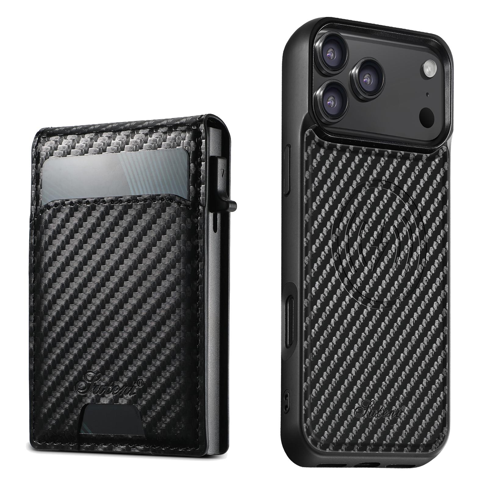 Compatible with iPhone 18 Pro Suteni H19 Carbon Fiber Grain 2-in-1 MagSafe Removable Card Box Back Phone Case - Black