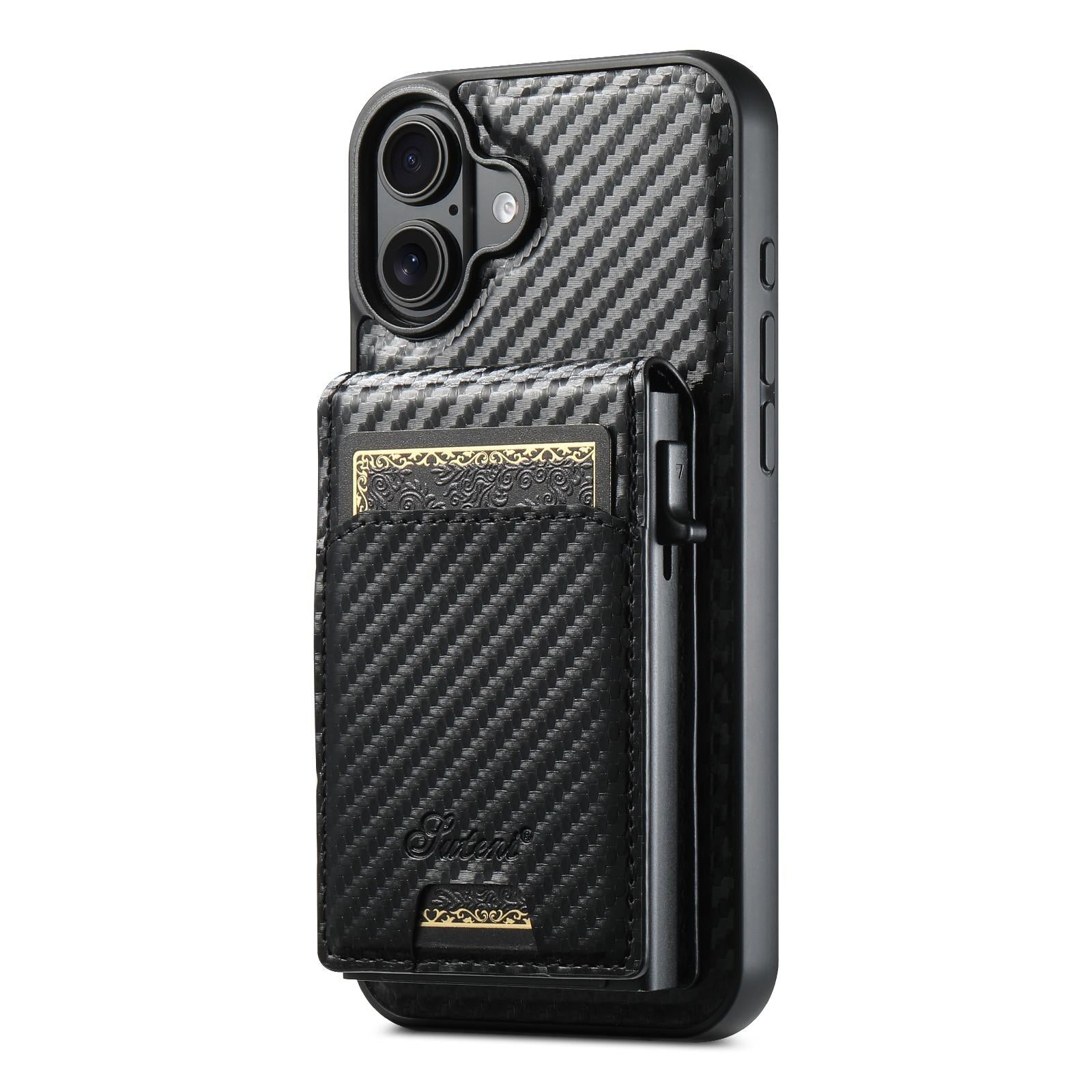 Compatible with iPhone 18 Suteni H19 Carbon Fiber Grain 2-in-1 MagSafe Removable Card Box Back Phone Case - Black
