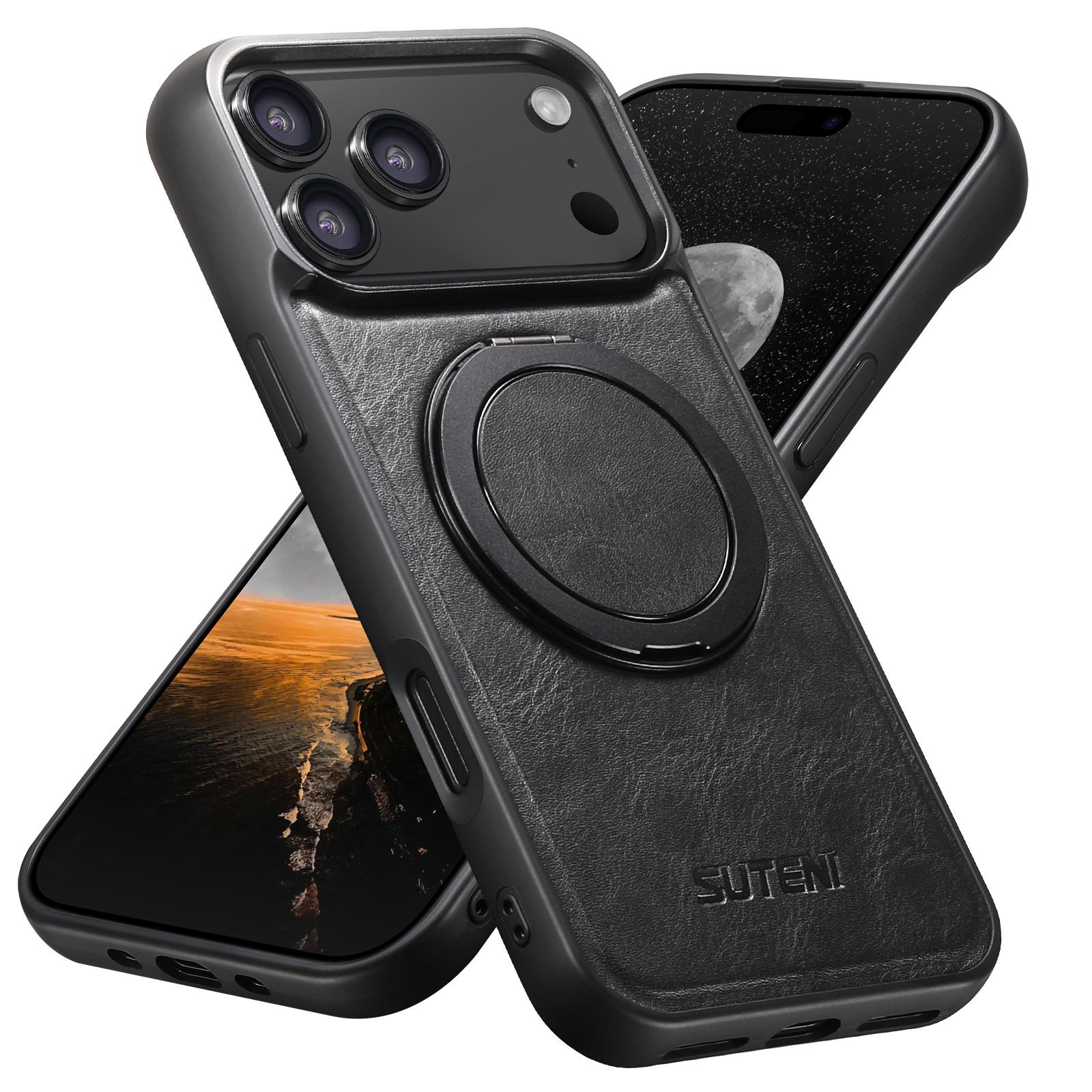 Compatible with iPhone 18 Pro Suteni G3 Oil Wax 360 Rotation Holder MagSafe Back Phone Case - Black