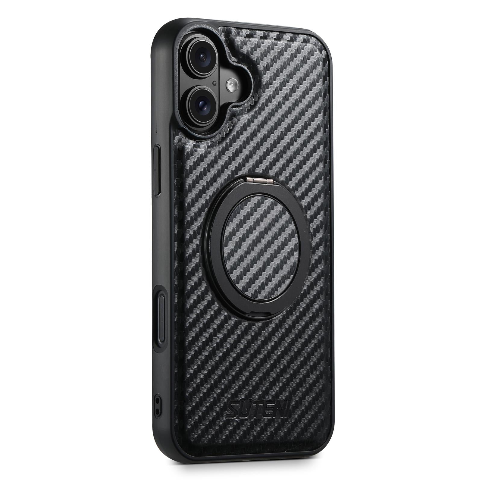 Compatible with iPhone 18 Suteni G3 Carbon Fiber Leather 360 Rotation Holder MagSafe Phone Case - Black