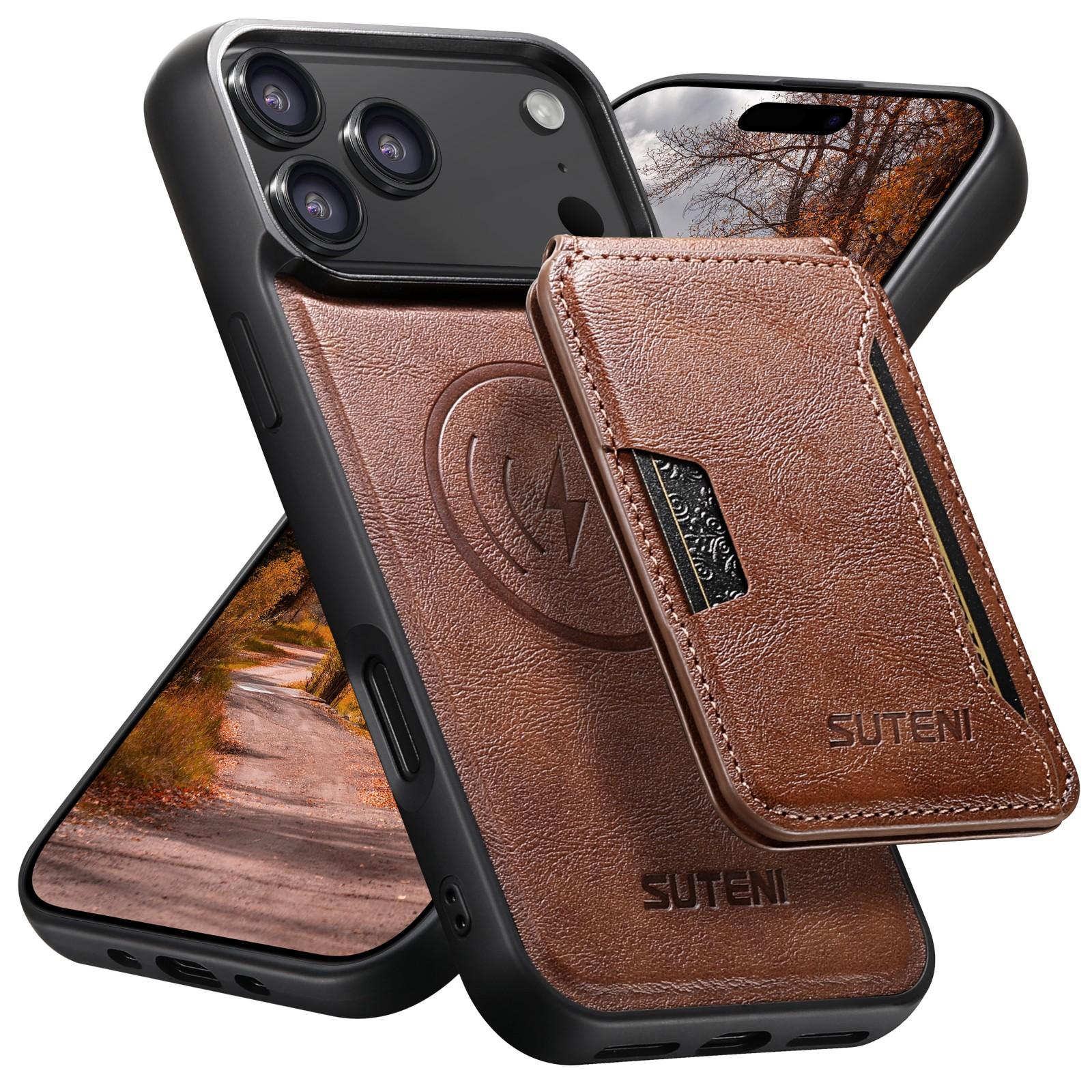 Compatible with iPhone 18 Pro Suteni M3 Card Bag MagSafe Cowhide Texture Leather Phone Case - Brown