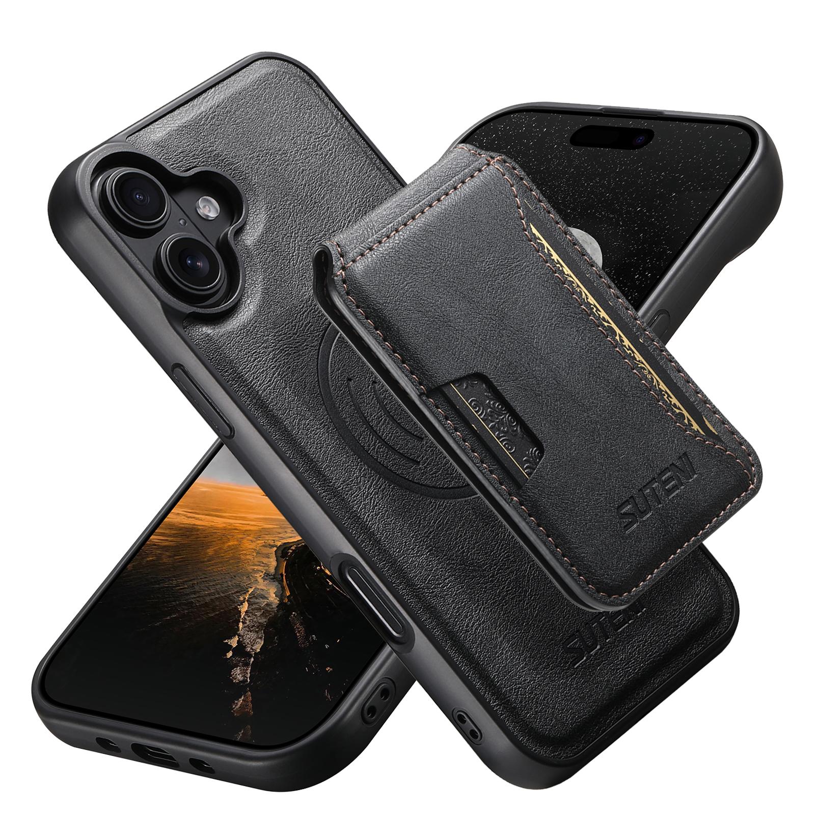 Compatible with iPhone 18 Suteni M3 Card Bag MagSafe Cowhide Texture Leather Phone Case - Black