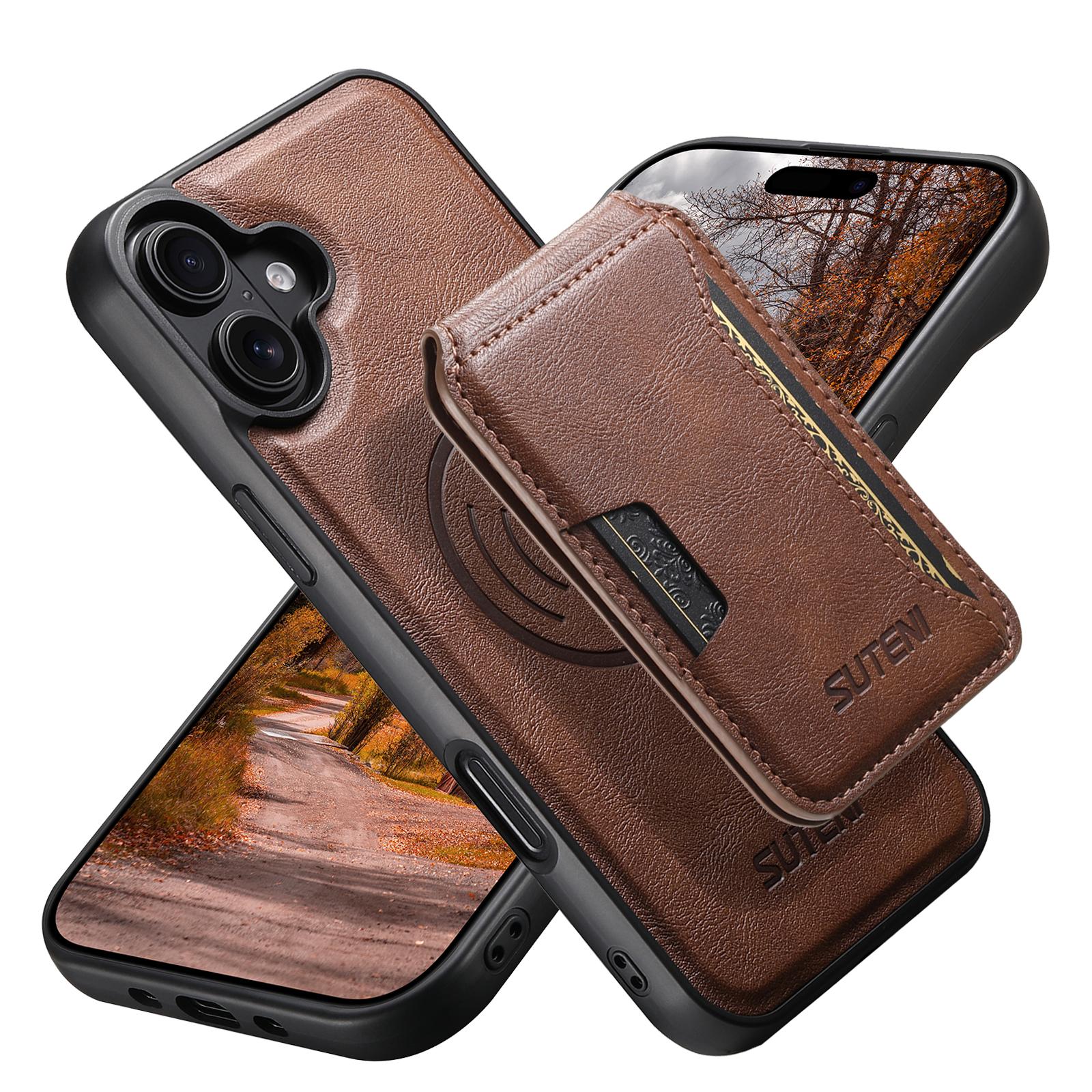 Compatible with iPhone 18 Suteni M3 Card Bag MagSafe Cowhide Texture Leather Phone Case - Brown