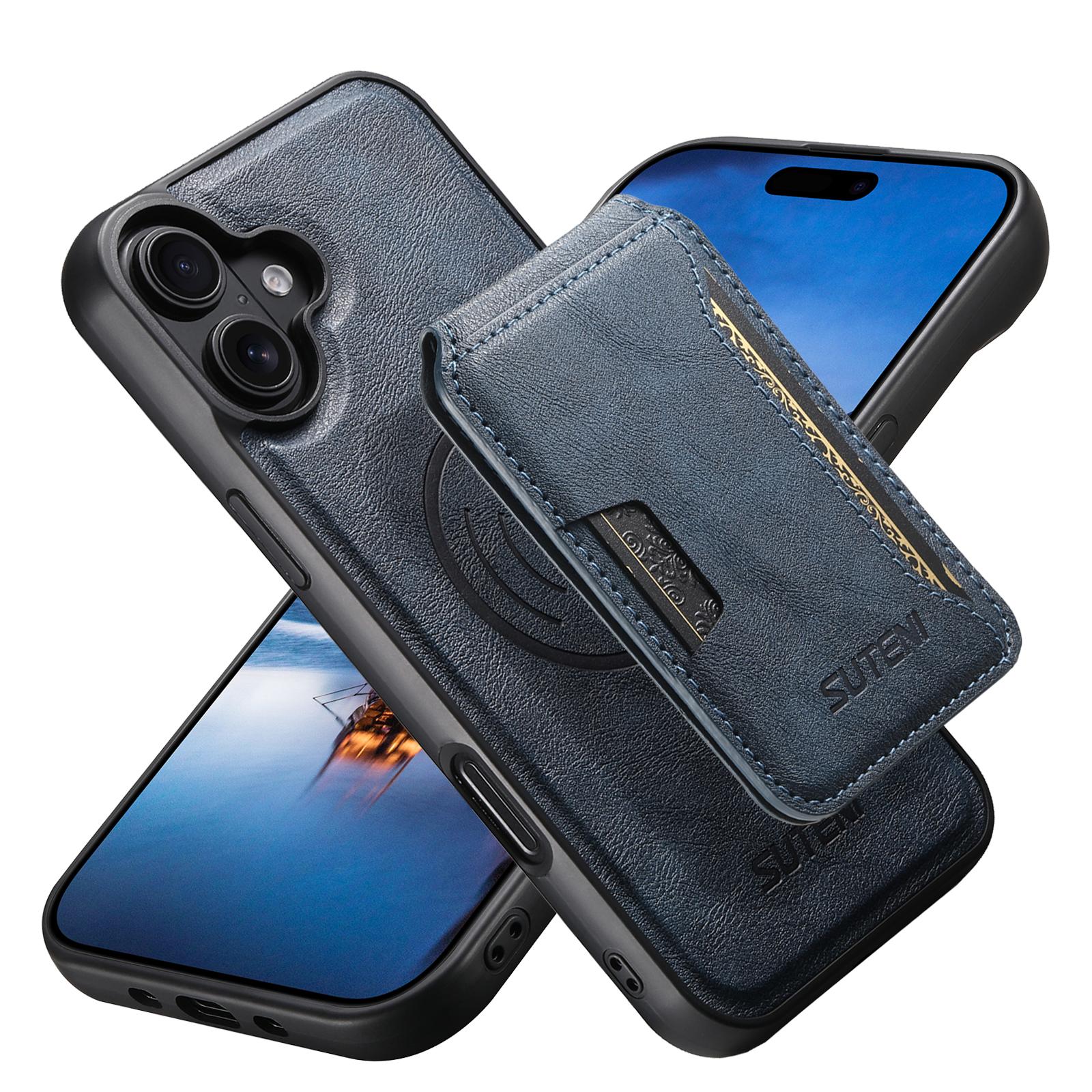 Compatible with iPhone 18 Suteni M3 Card Bag MagSafe Cowhide Texture Leather Phone Case - Blue