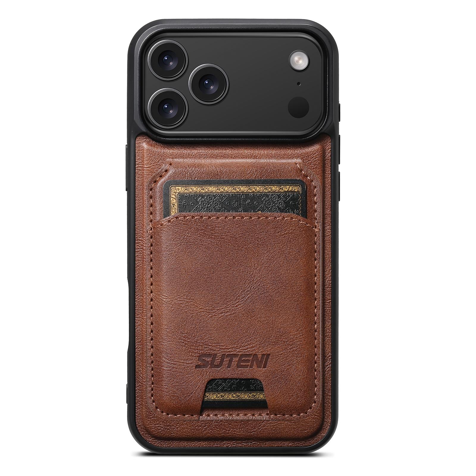 Compatible with iPhone 18 Pro Suteni M5 Magnetic Card Bag MagSafe Cowhide Texture Leather Phone Case - Brown
