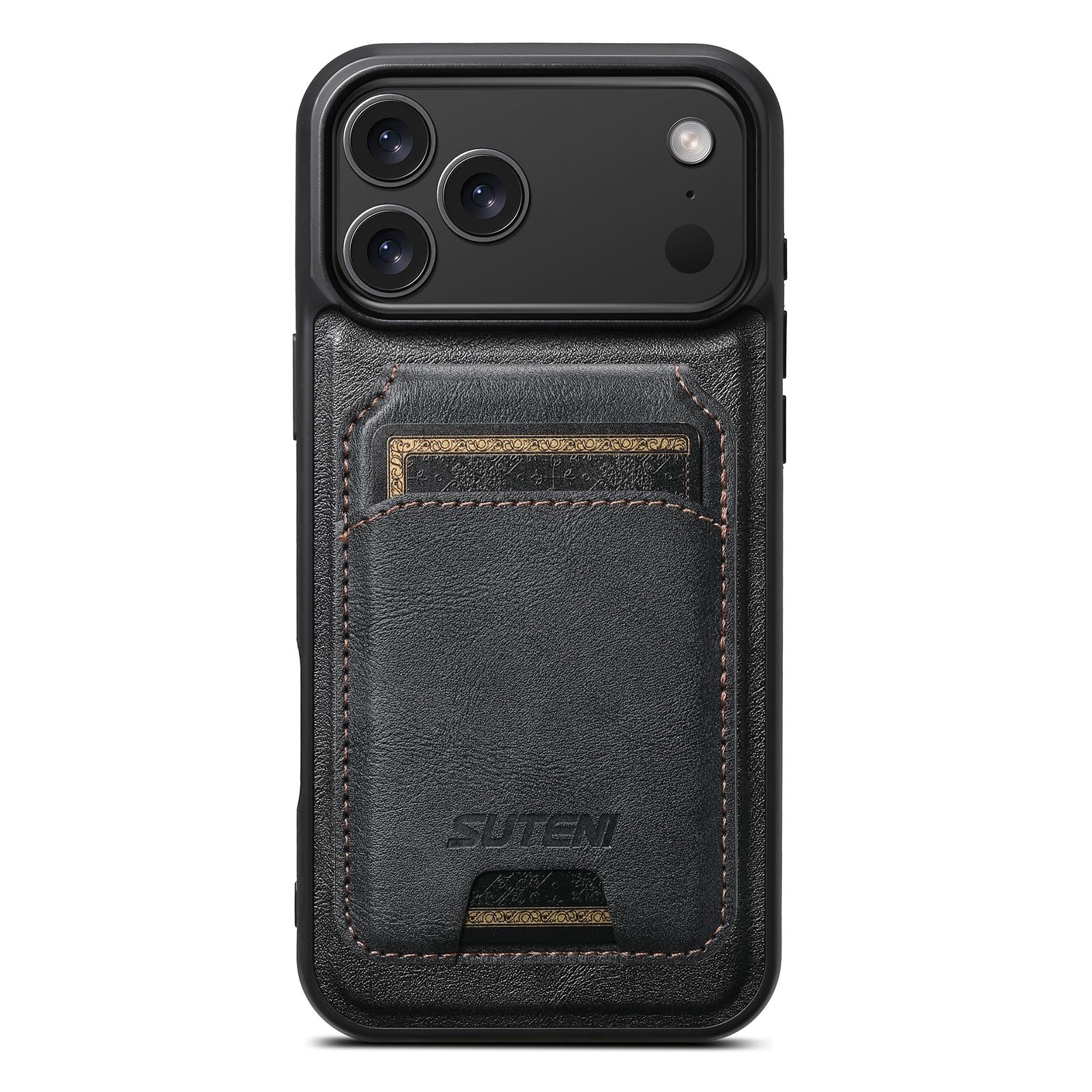 Compatible with iPhone 18 Suteni M5 Magnetic Card Bag MagSafe Cowhide Texture Leather Phone Case - Black