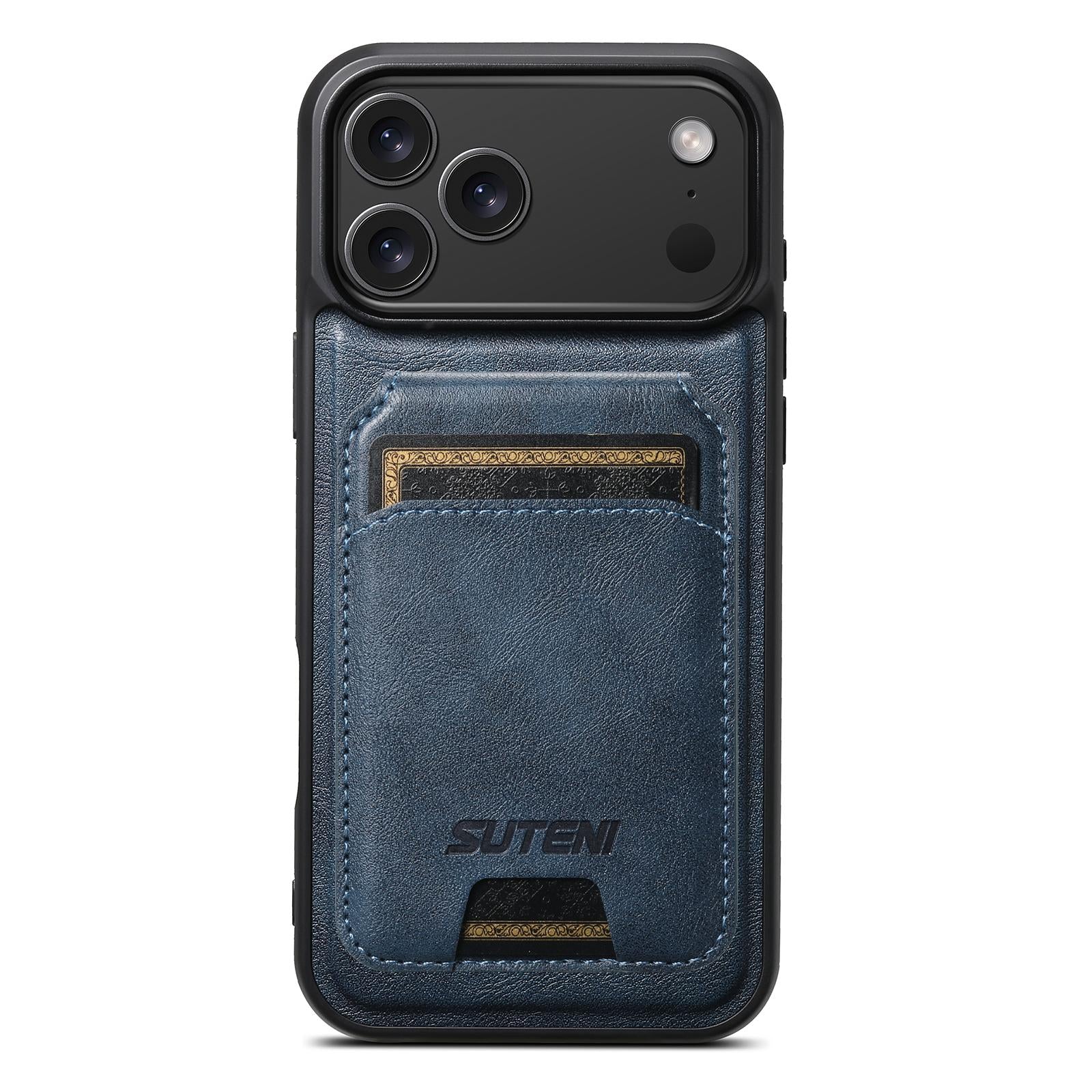 Compatible with iPhone 18 Suteni M5 Magnetic Card Bag MagSafe Cowhide Texture Leather Phone Case - Blue
