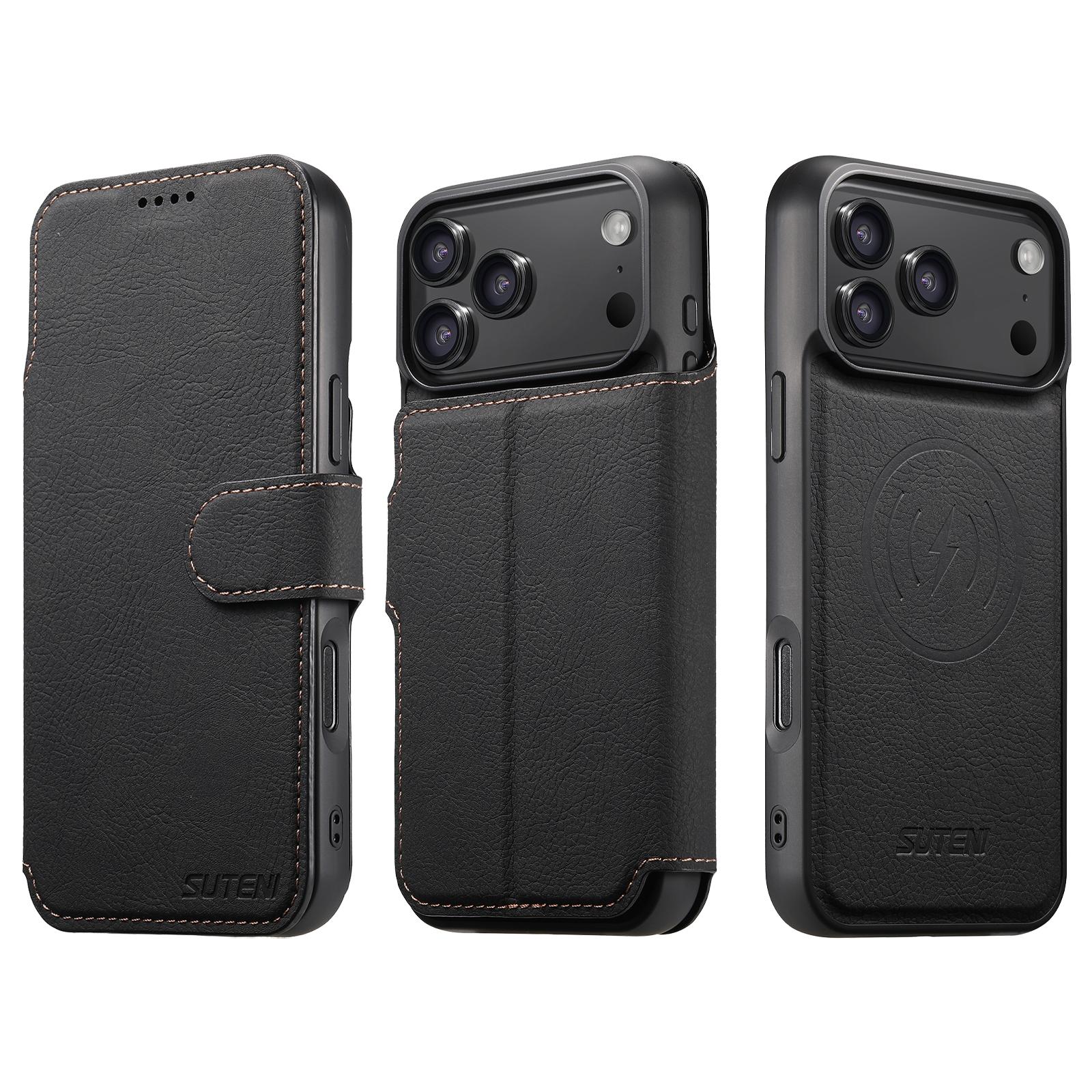 Compatible with iPhone 18 Pro Suteni Q05 2-in-1 Multi-function MagSafe Wallet Litchi Leather Phone Case - Black