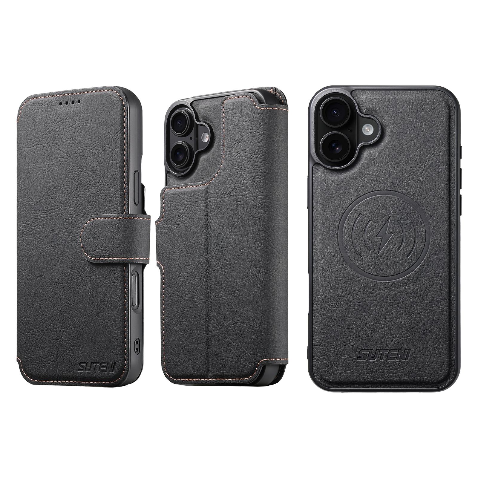 Compatible with iPhone 18 Suteni Q05 2-in-1 Multi-function MagSafe Wallet Litchi Leather Phone Case - Black