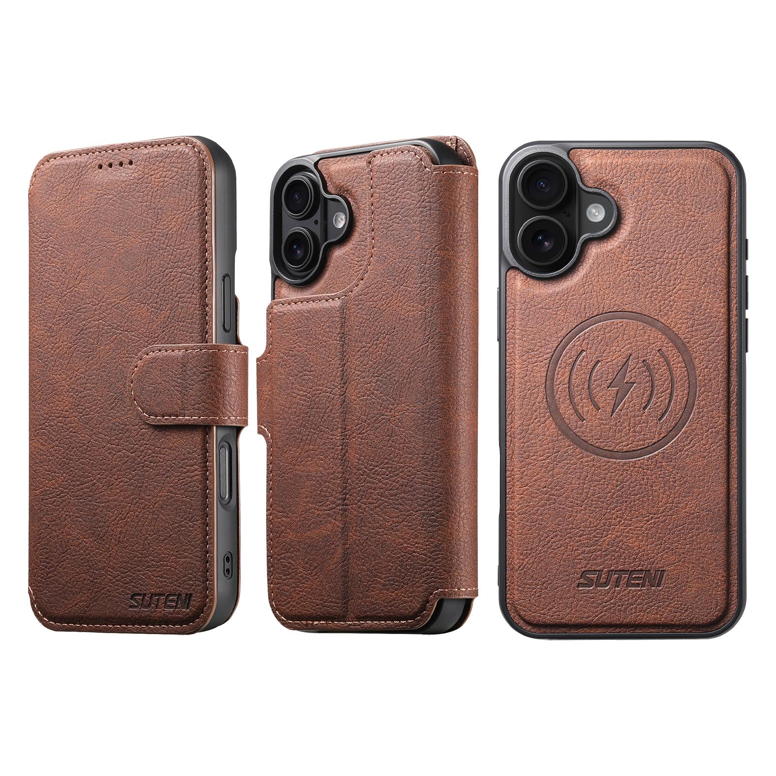 Compatible with iPhone 18 Suteni Q05 2-in-1 Multi-function MagSafe Wallet Litchi Leather Phone Case - Brown