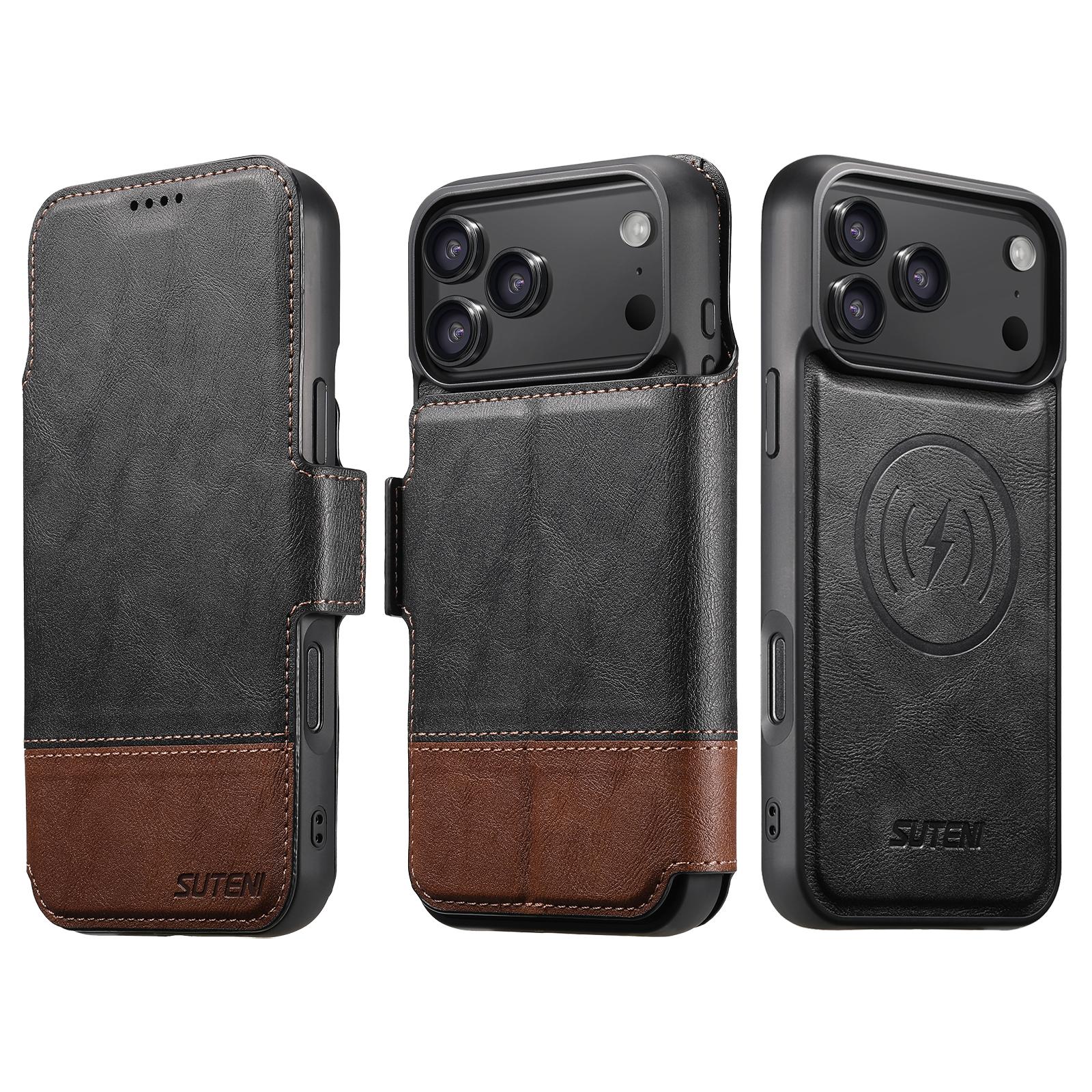Compatible with iPhone 18 Pro Suteni Q06 2-in-1 Multi-function Detachable Wallet MagSafe Phone Case - Black