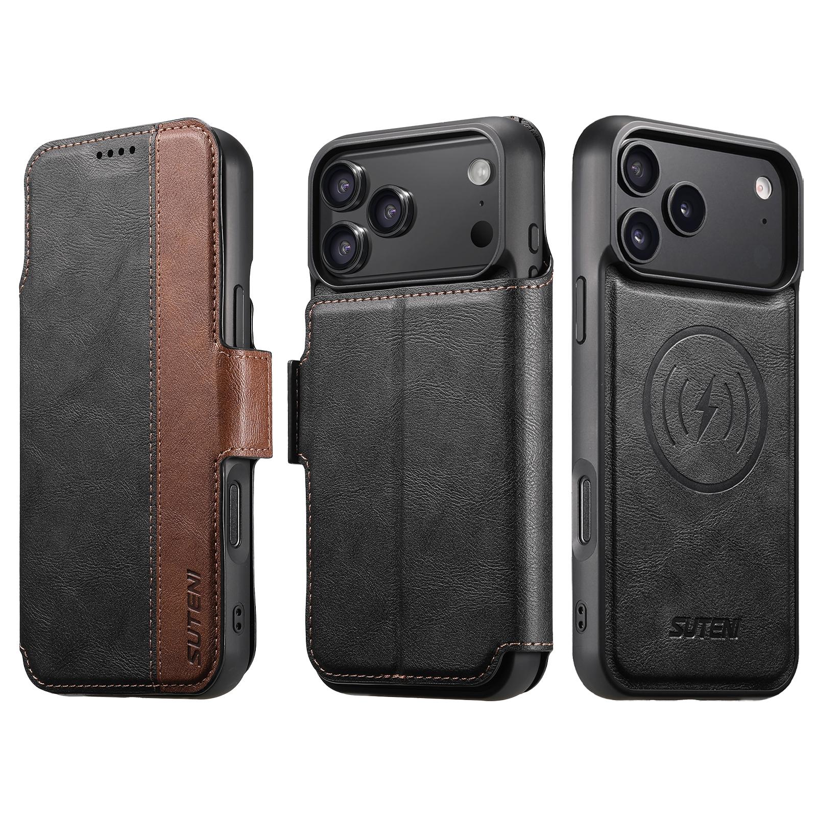 Compatible with iPhone 18 Pro Suteni Q07 2-in-1 Multi-function Detachable Wallet MagSafe Phone Case - Black