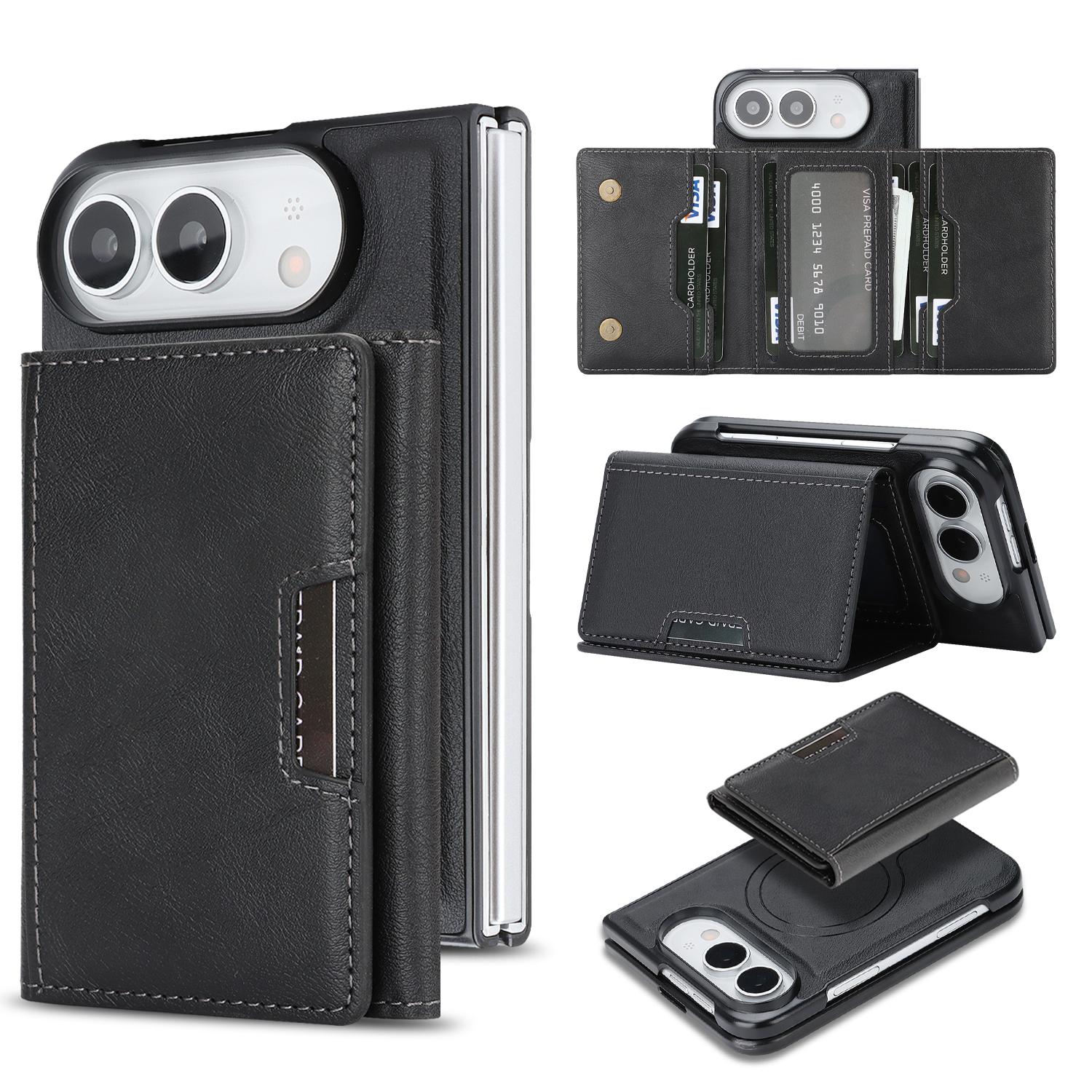 Compatible with iPhone Duo Kalebol Strong Magnetic MagSafe Tri-Fold Wallet Leather Phone Case - Black