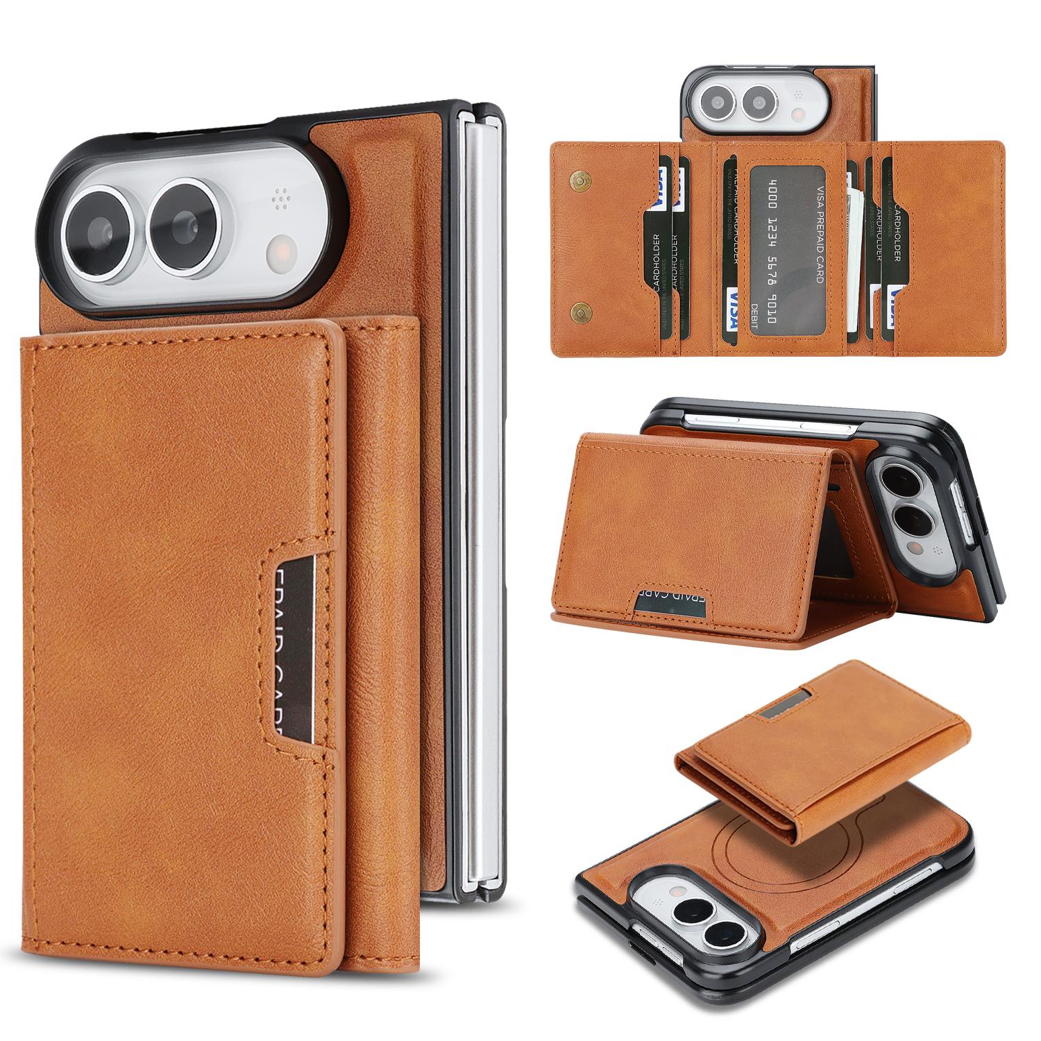 Compatible with iPhone Duo Kalebol Strong Magnetic MagSafe Tri-Fold Wallet Leather Phone Case - Brown