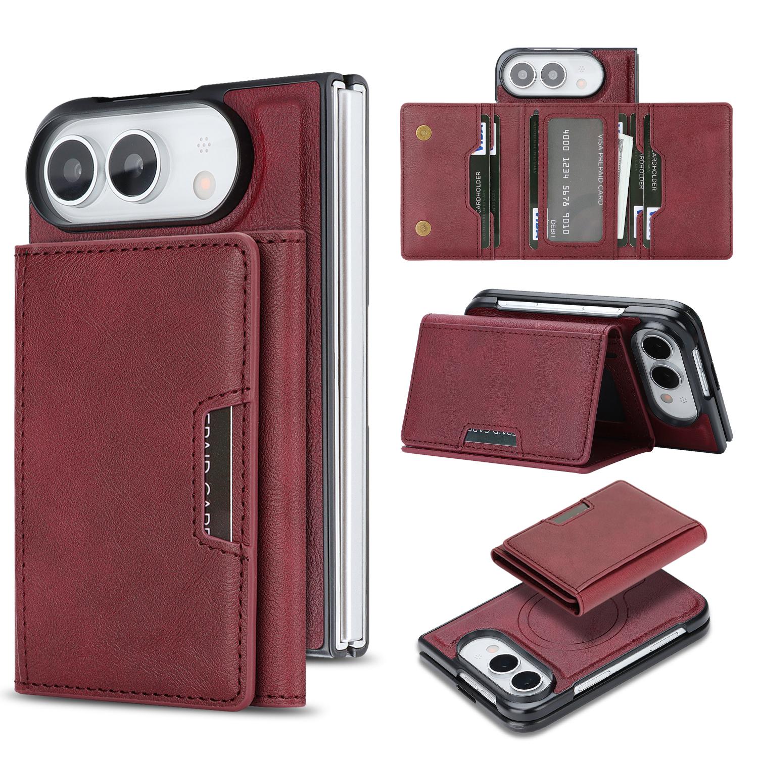 Compatible with iPhone Duo Kalebol Strong Magnetic MagSafe Tri-Fold Wallet Leather Phone Case - Red