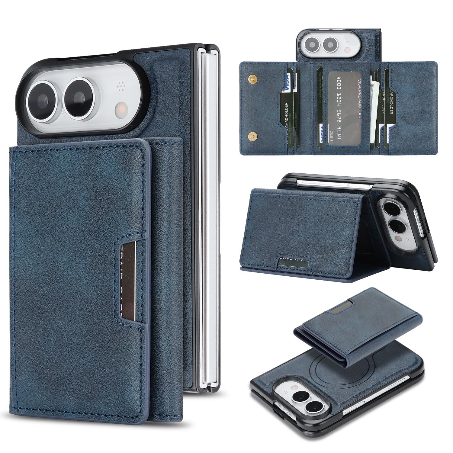 Compatible with iPhone Duo Kalebol Strong Magnetic MagSafe Tri-Fold Wallet Leather Phone Case - Blue