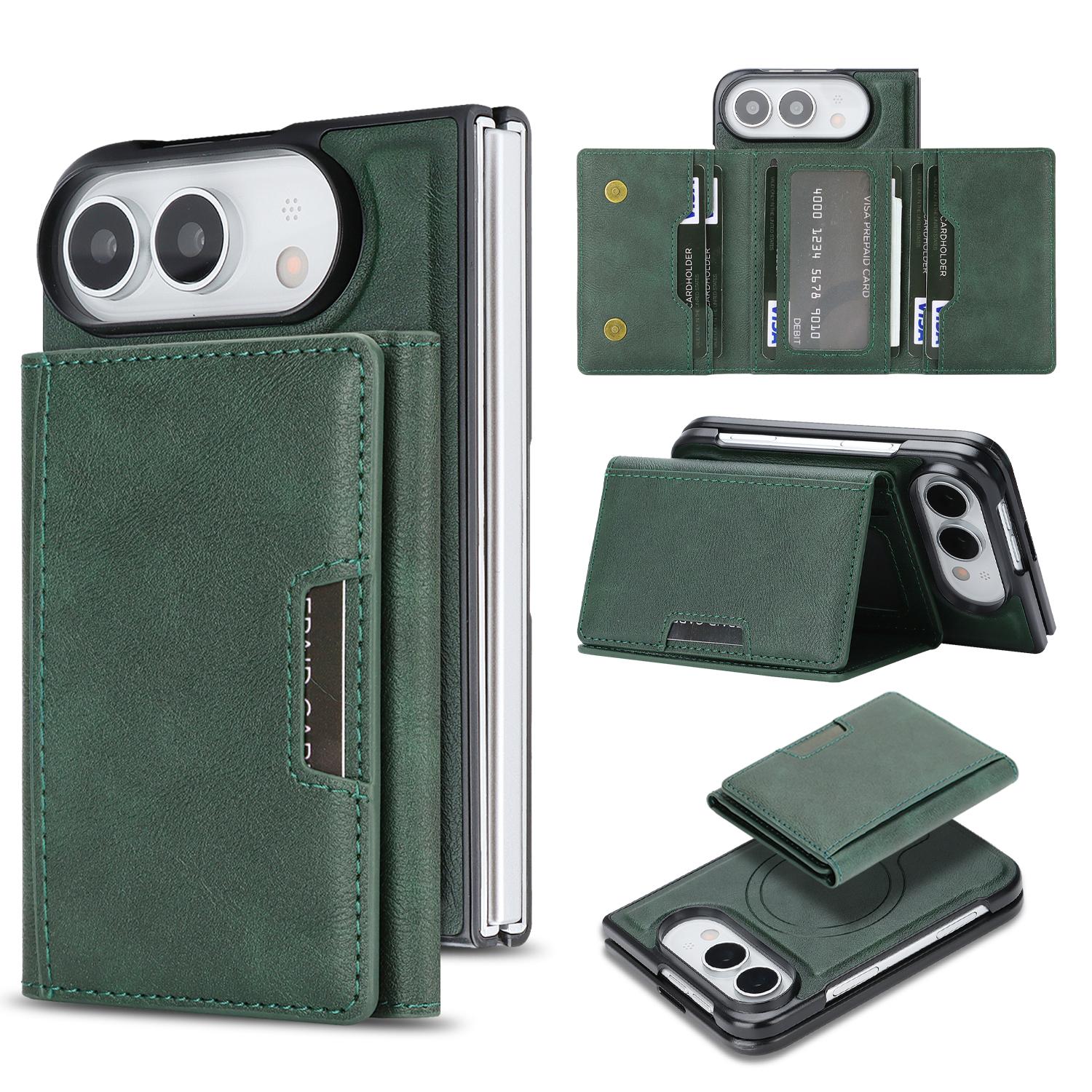 Compatible with iPhone Duo Kalebol Strong Magnetic MagSafe Tri-Fold Wallet Leather Phone Case - Green