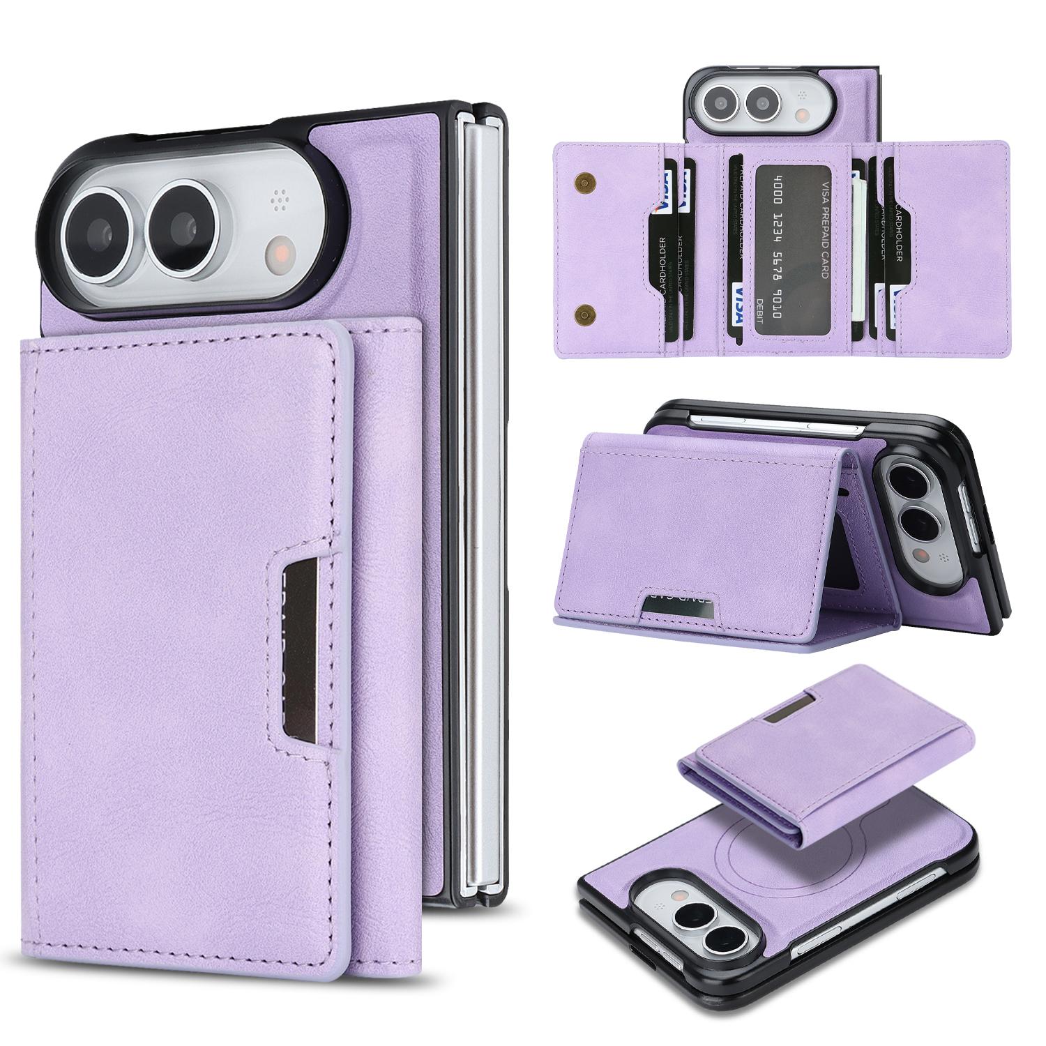Compatible with iPhone Duo Kalebol Strong Magnetic MagSafe Tri-Fold Wallet Leather Phone Case - Purple
