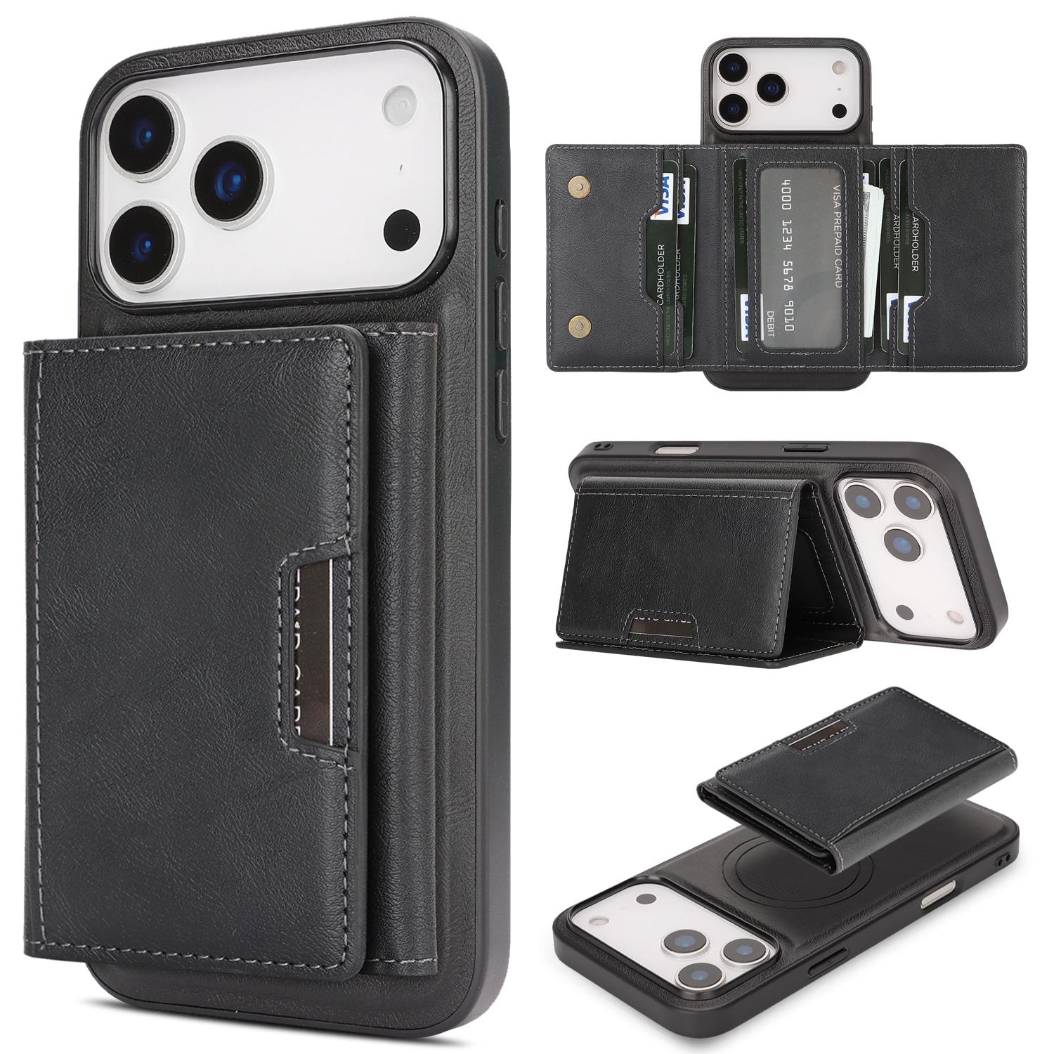 Compatible with iPhone 18 Pro Kalebol Strong Magnetic MagSafe Tri-Fold Wallet Leather Phone Case - Black