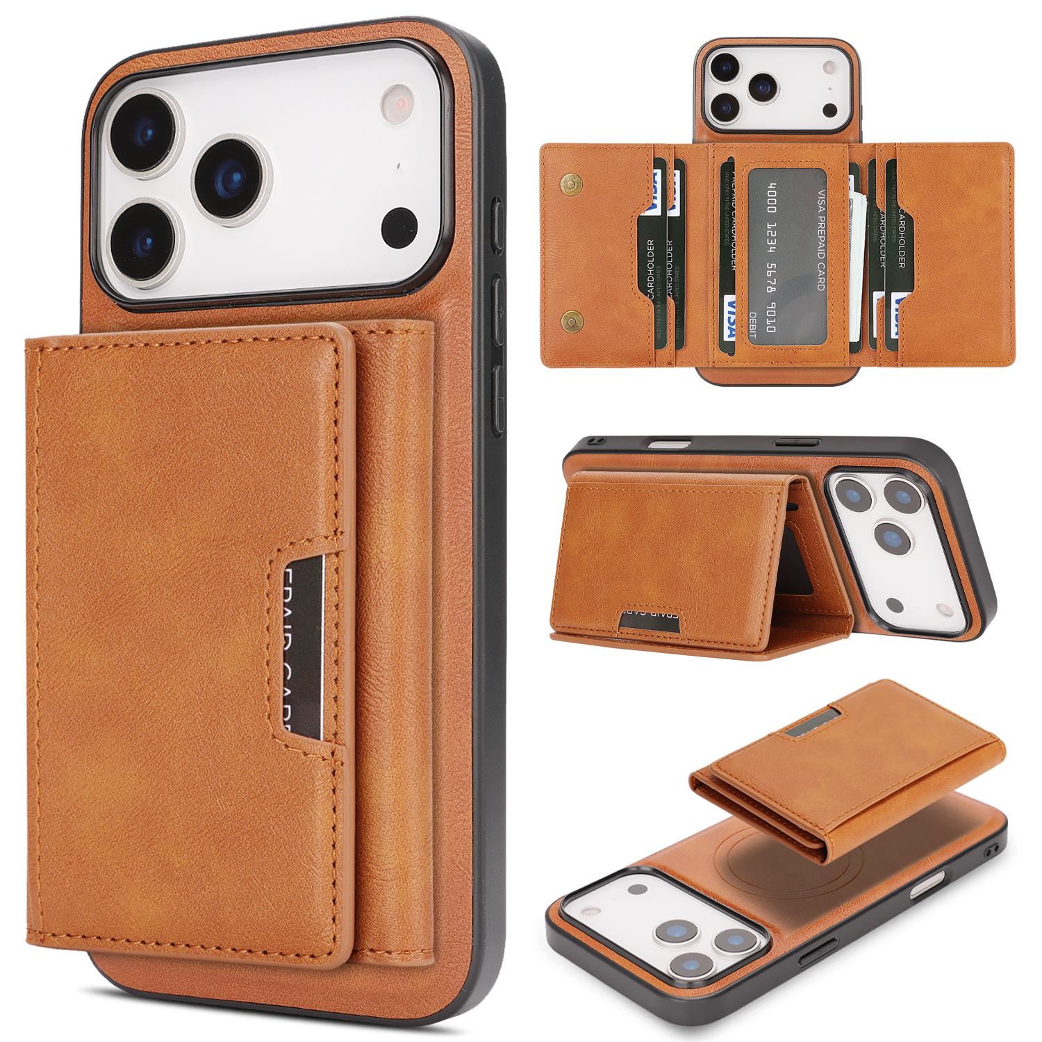 Compatible with iPhone 18 Pro Kalebol Strong Magnetic MagSafe Tri-Fold Wallet Leather Phone Case - Brown