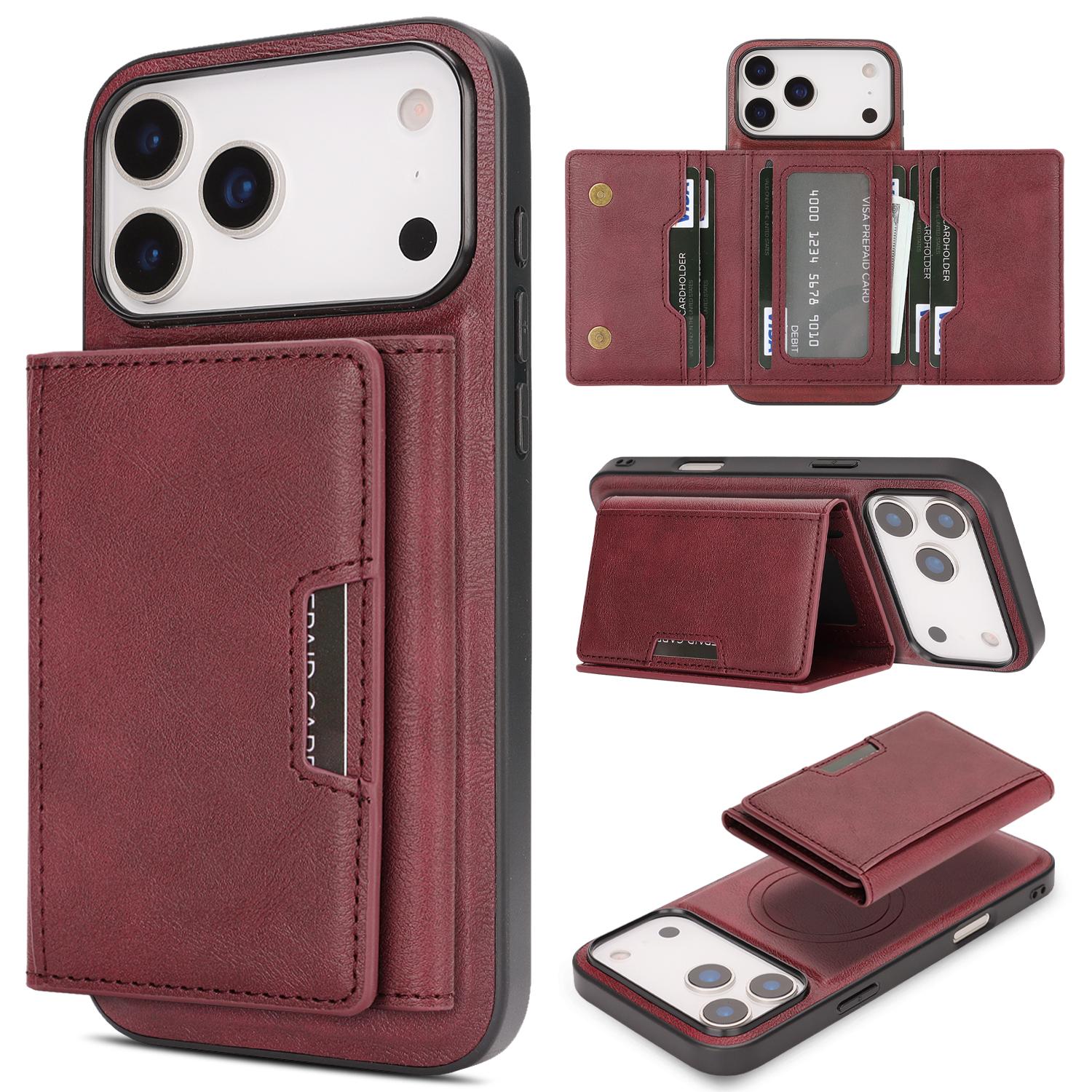 Compatible with iPhone 18 Pro Kalebol Strong Magnetic MagSafe Tri-Fold Wallet Leather Phone Case - Red