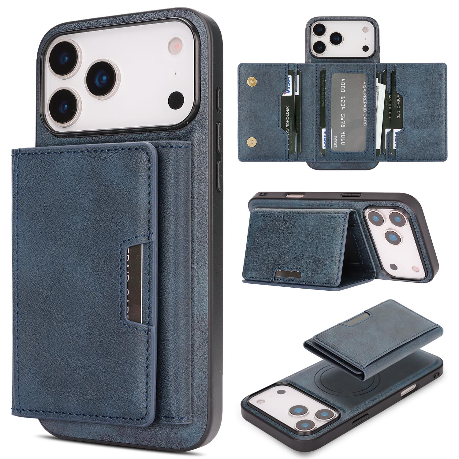Compatible with iPhone 18 Pro Kalebol Strong Magnetic MagSafe Tri-Fold Wallet Leather Phone Case - Blue