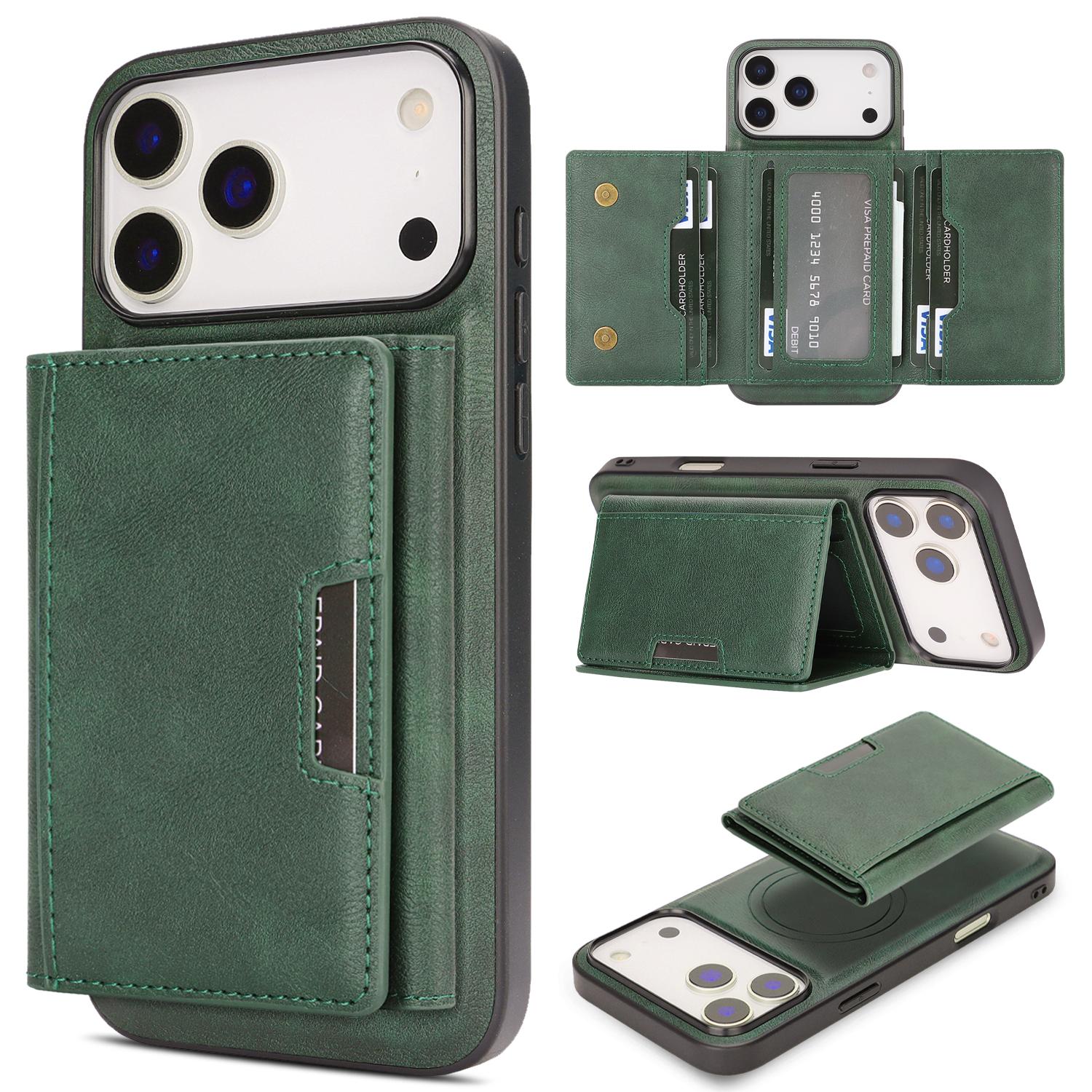 Compatible with iPhone 18 Pro Kalebol Strong Magnetic MagSafe Tri-Fold Wallet Leather Phone Case - Green