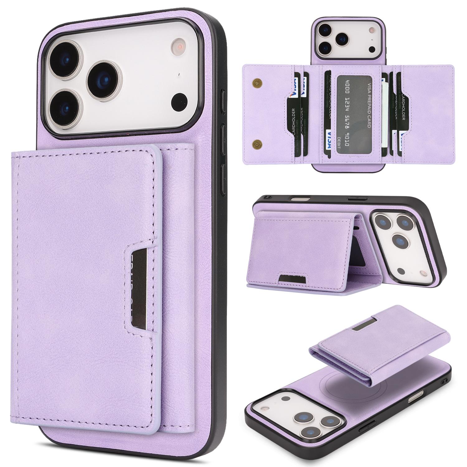 Compatible with iPhone 18 Pro Kalebol Strong Magnetic MagSafe Tri-Fold Wallet Leather Phone Case - Purple