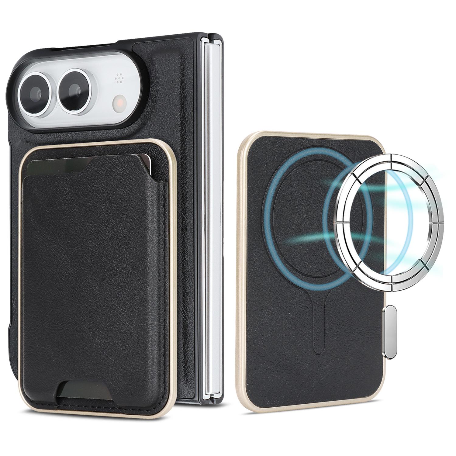Compatible with iPhone Duo Kalebol Slim MagSafe Ring Magnetic Card Bag Leather Phone Case - Black