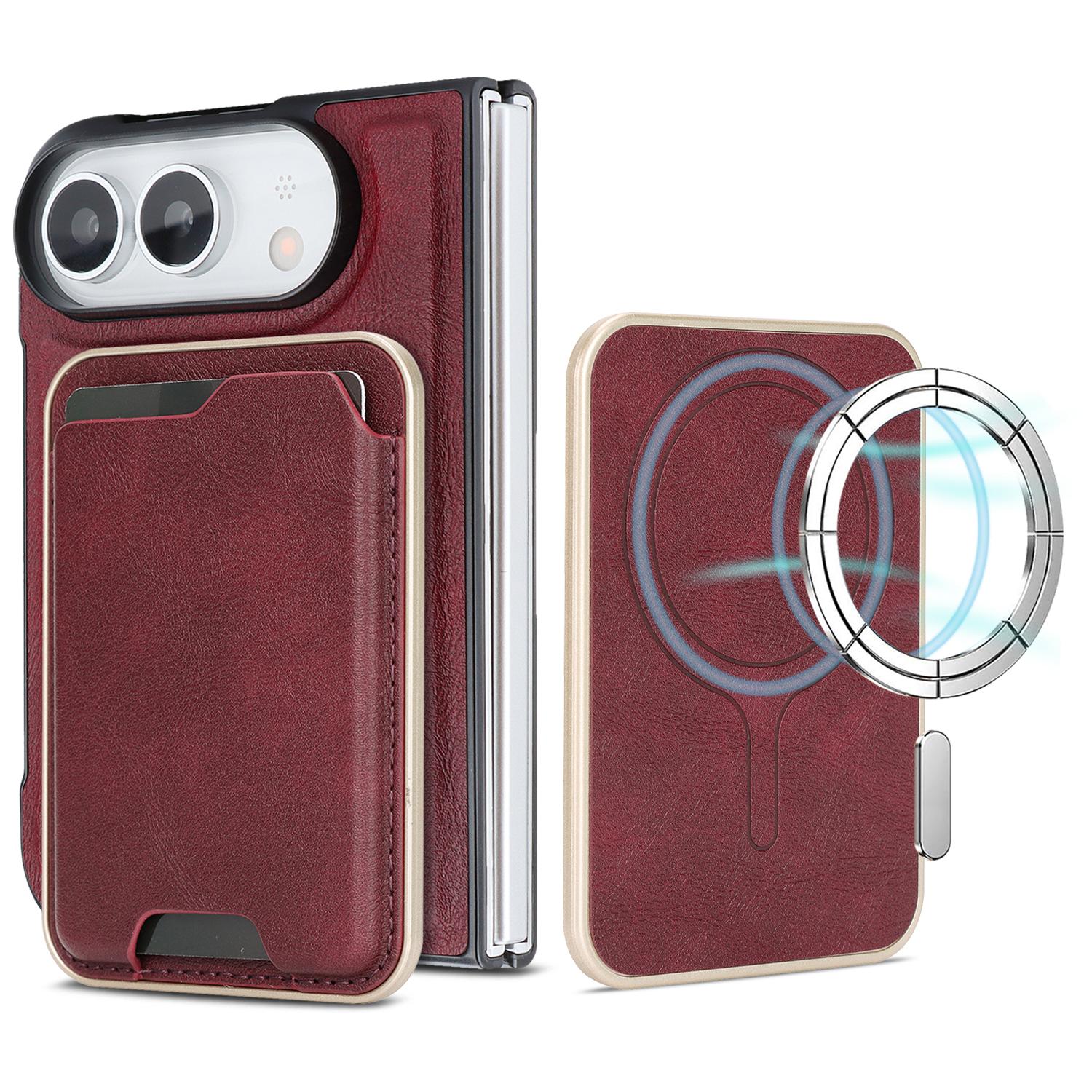 Compatible with iPhone Duo Kalebol Slim MagSafe Ring Magnetic Card Bag Leather Phone Case - Red