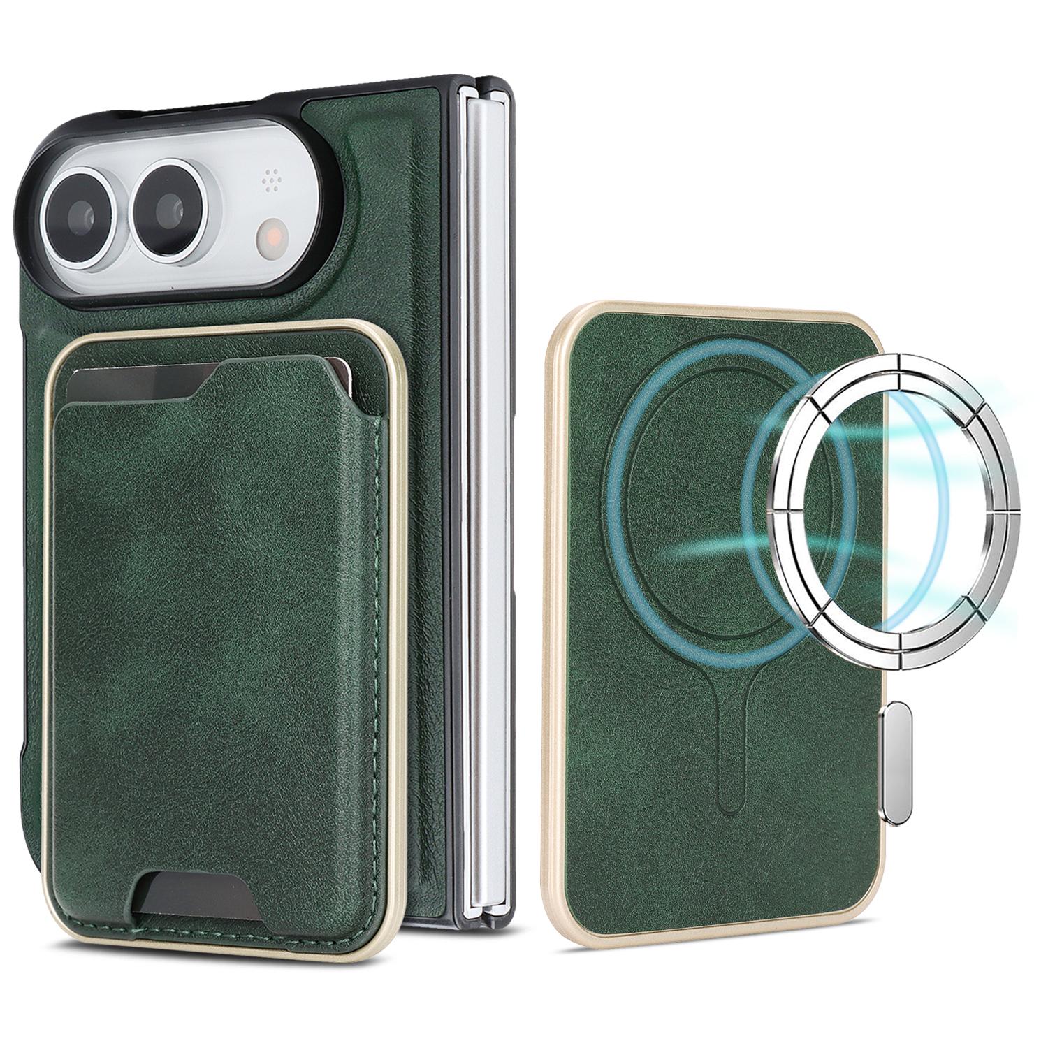 Compatible with iPhone Duo Kalebol Slim MagSafe Ring Magnetic Card Bag Leather Phone Case - Green