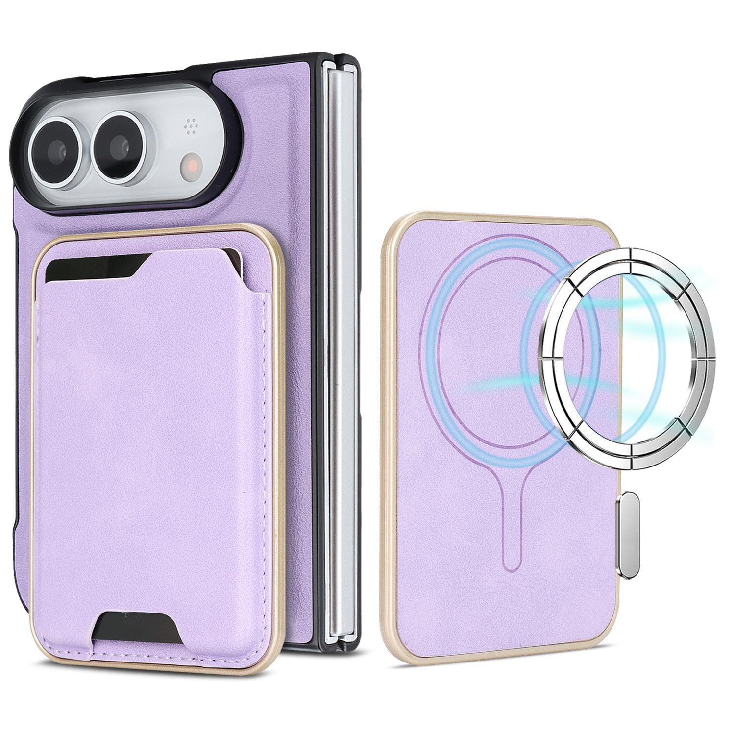 Compatible with iPhone Duo Kalebol Slim MagSafe Ring Magnetic Card Bag Leather Phone Case - Purple