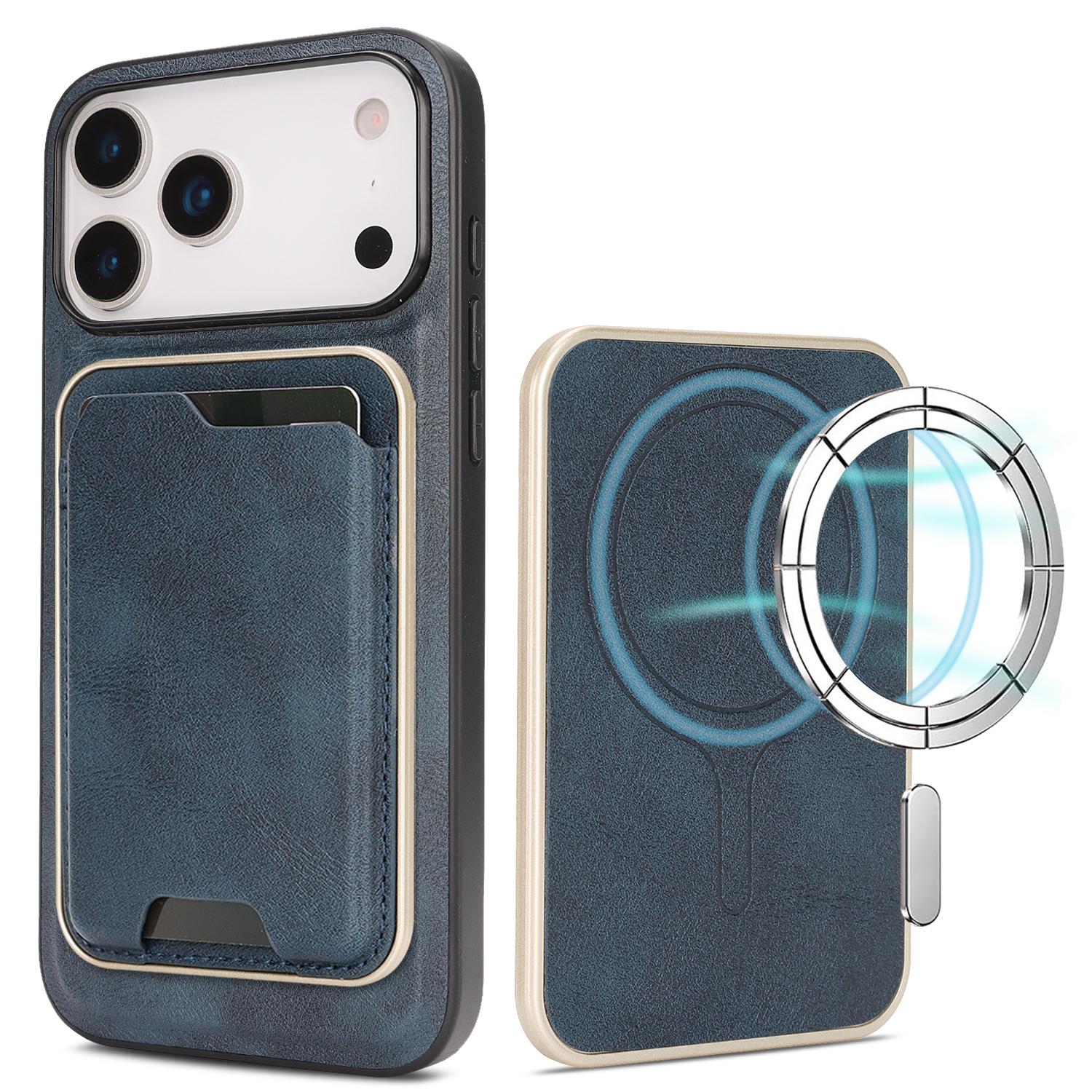Compatible with iPhone 18 Pro Kalebol Slim MagSafe Ring Magnetic Card Bag Leather Phone Case - Blue