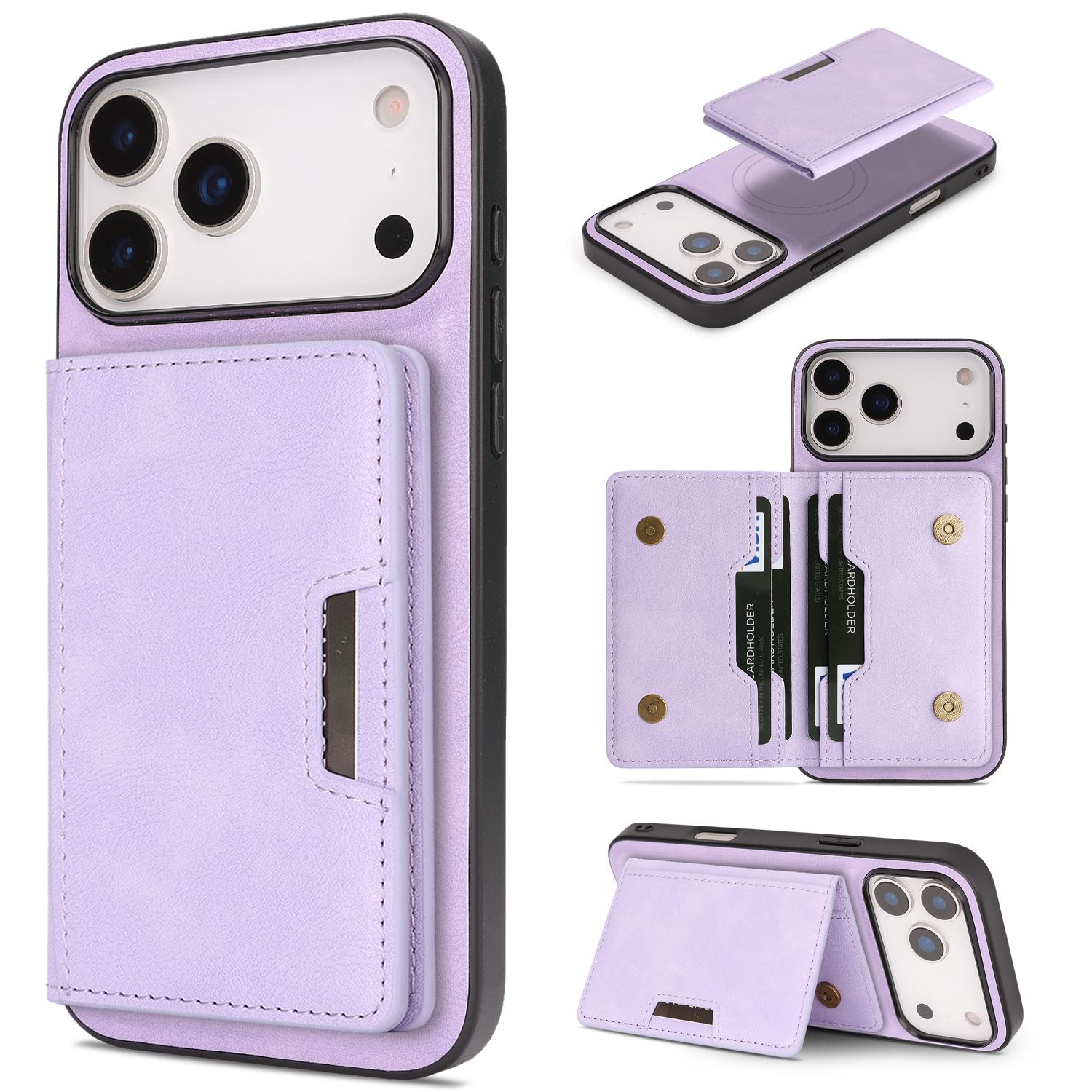 Compatible with iPhone 18 Pro Kalebol Strong MagSafe Magnetic Two-Fold Card Bag Leather Phone Case - Purple