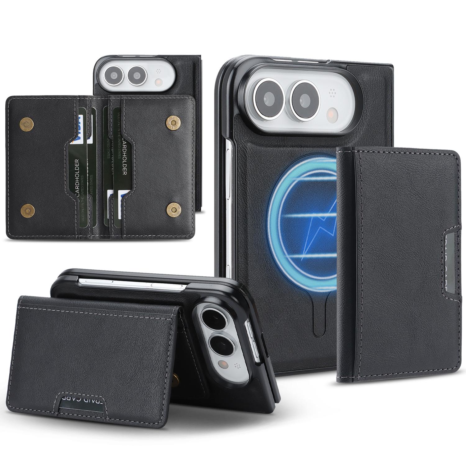 Compatible with iPhone Duo Kalebol Strong MagSafe Magnetic Two-Fold Card Bag Leather Phone Case - Black