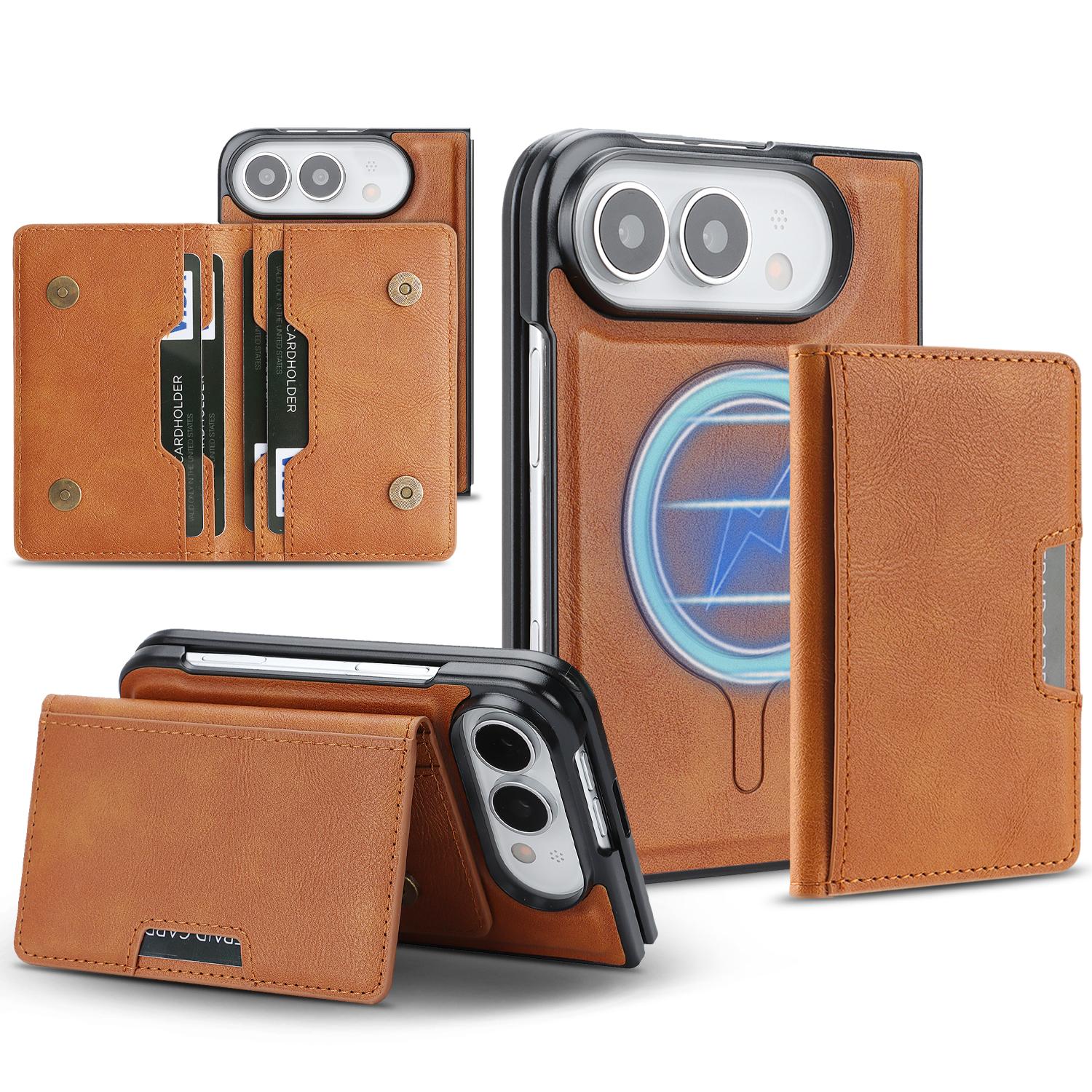 Compatible with iPhone Duo Kalebol Strong MagSafe Magnetic Two-Fold Card Bag Leather Phone Case - Brown