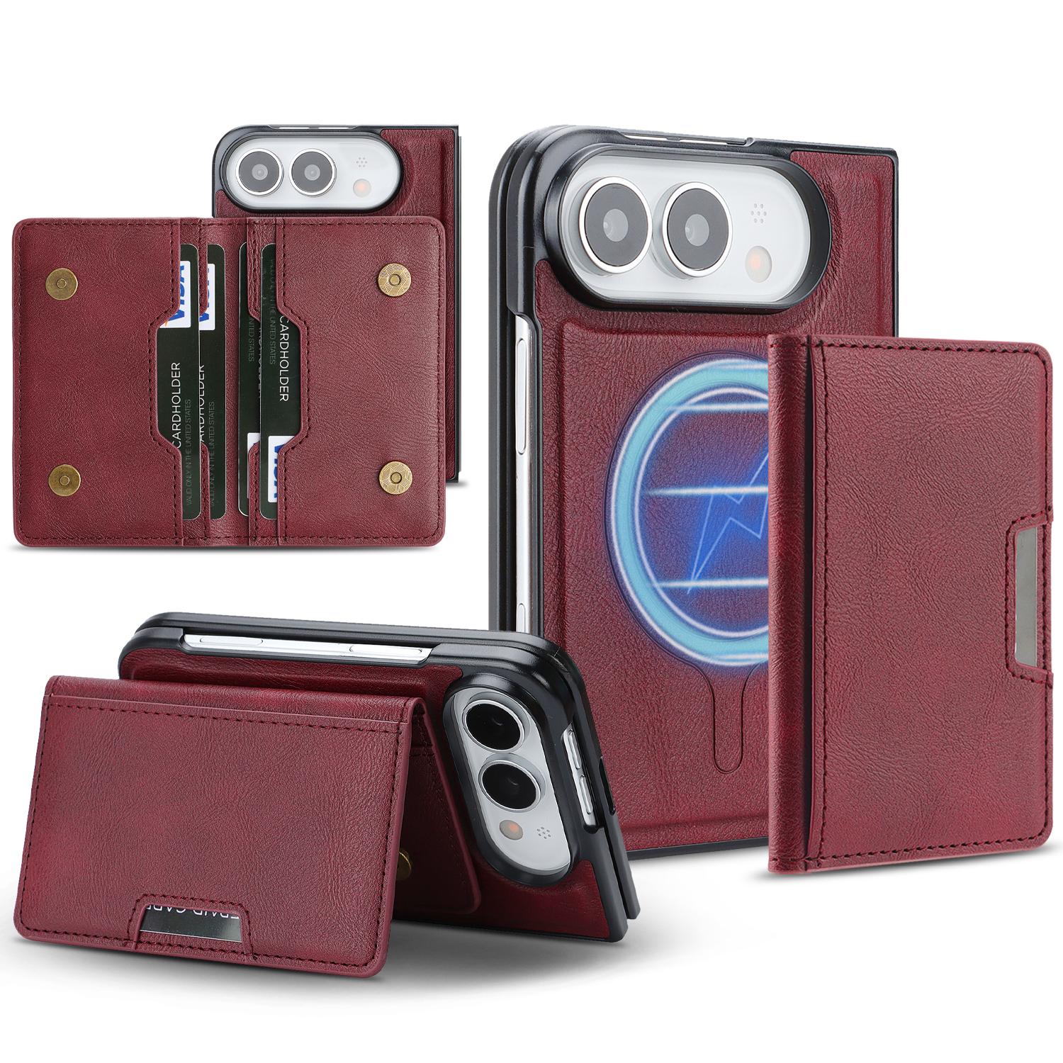 Compatible with iPhone Duo Kalebol Strong MagSafe Magnetic Two-Fold Card Bag Leather Phone Case - Red
