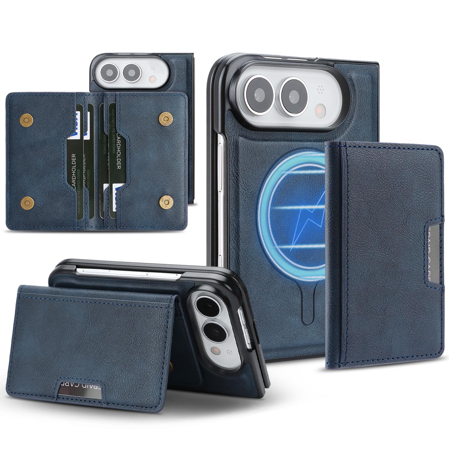 Compatible with iPhone Duo Kalebol Strong MagSafe Magnetic Two-Fold Card Bag Leather Phone Case - Blue