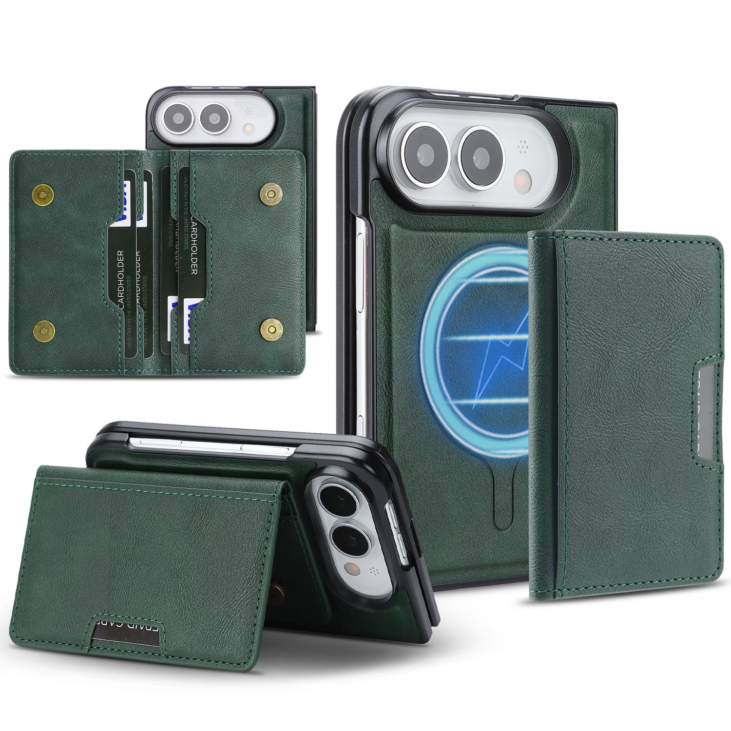 Compatible with iPhone Duo Kalebol Strong MagSafe Magnetic Two-Fold Card Bag Leather Phone Case - Green