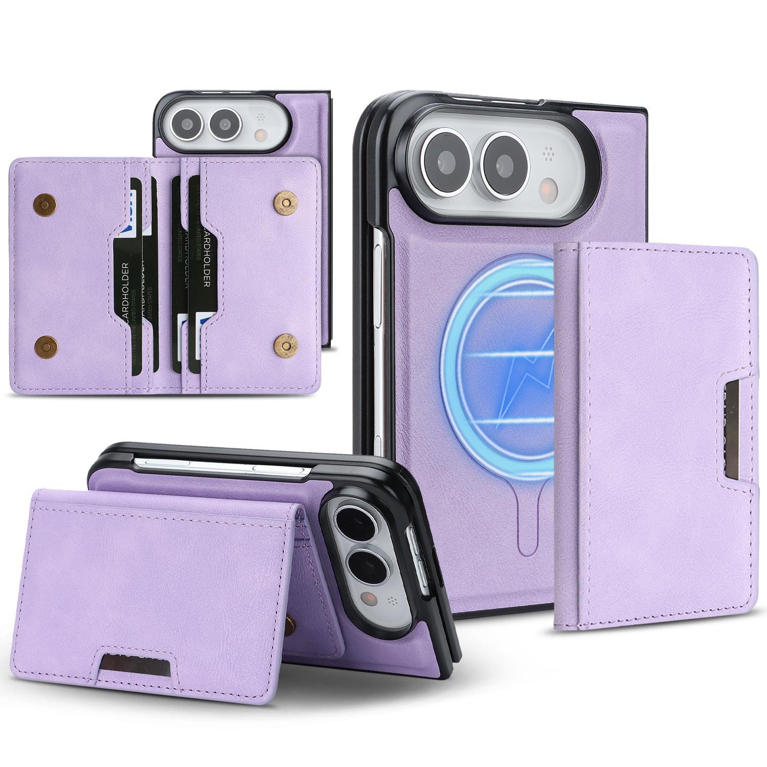 Compatible with iPhone Duo Kalebol Strong MagSafe Magnetic Two-Fold Card Bag Leather Phone Case - Purple