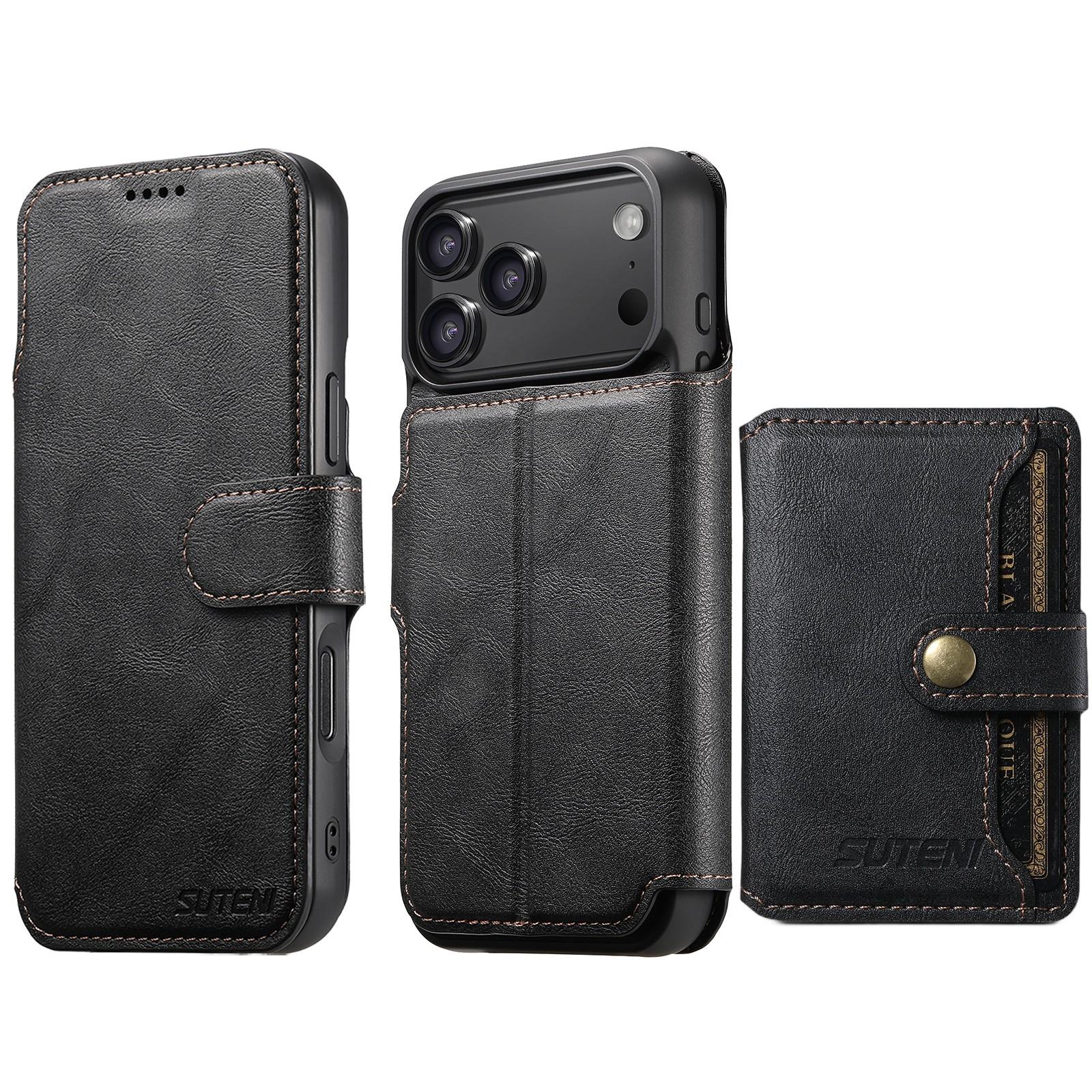 Compatible with iPhone 18 Pro Suteni Q05S1 3-in-1 Detachable Wallet MagSafe Leather Phone Case - Black