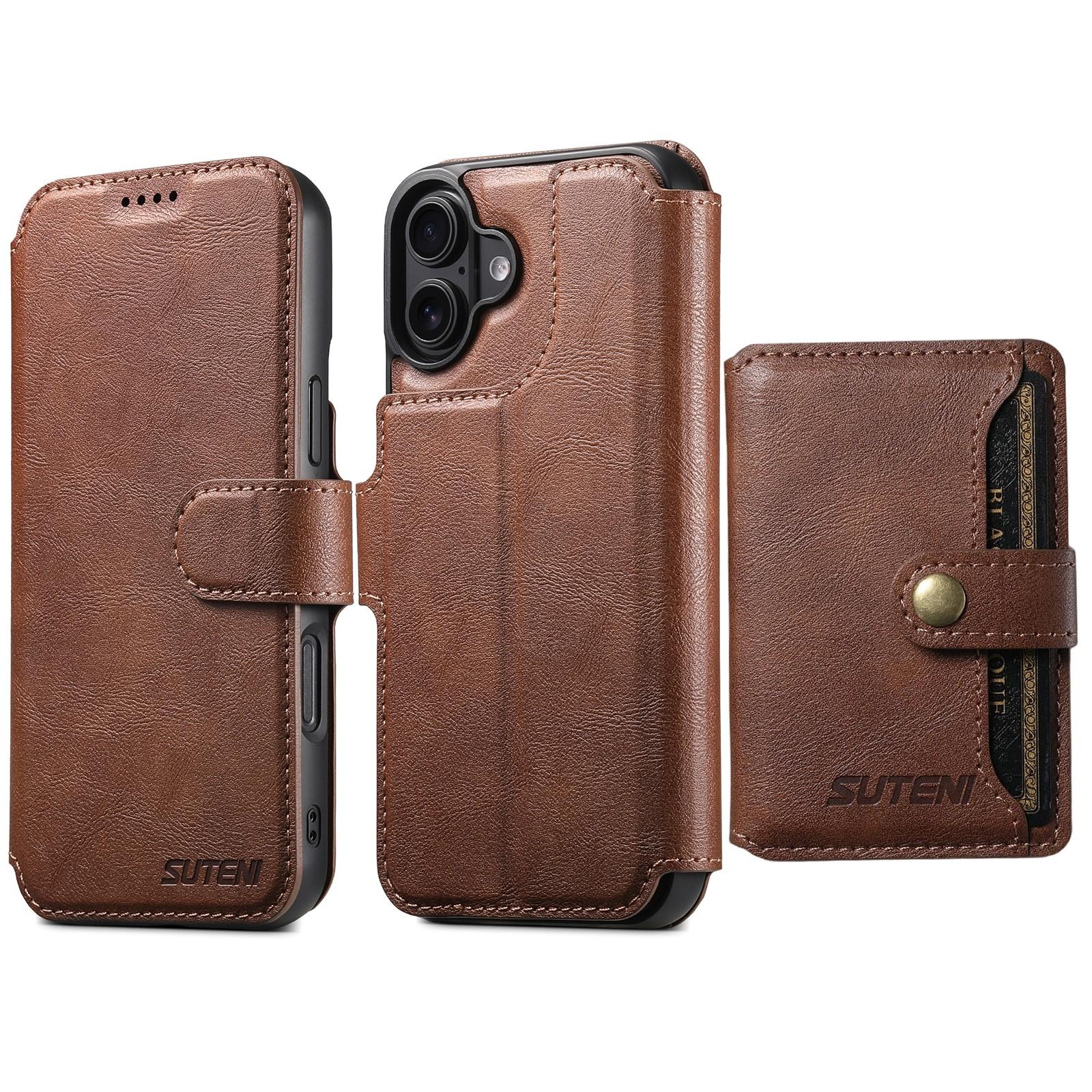 Compatible with iPhone 18 Suteni Q05S1 3-in-1 Detachable Wallet MagSafe Leather Phone Case - Brown
