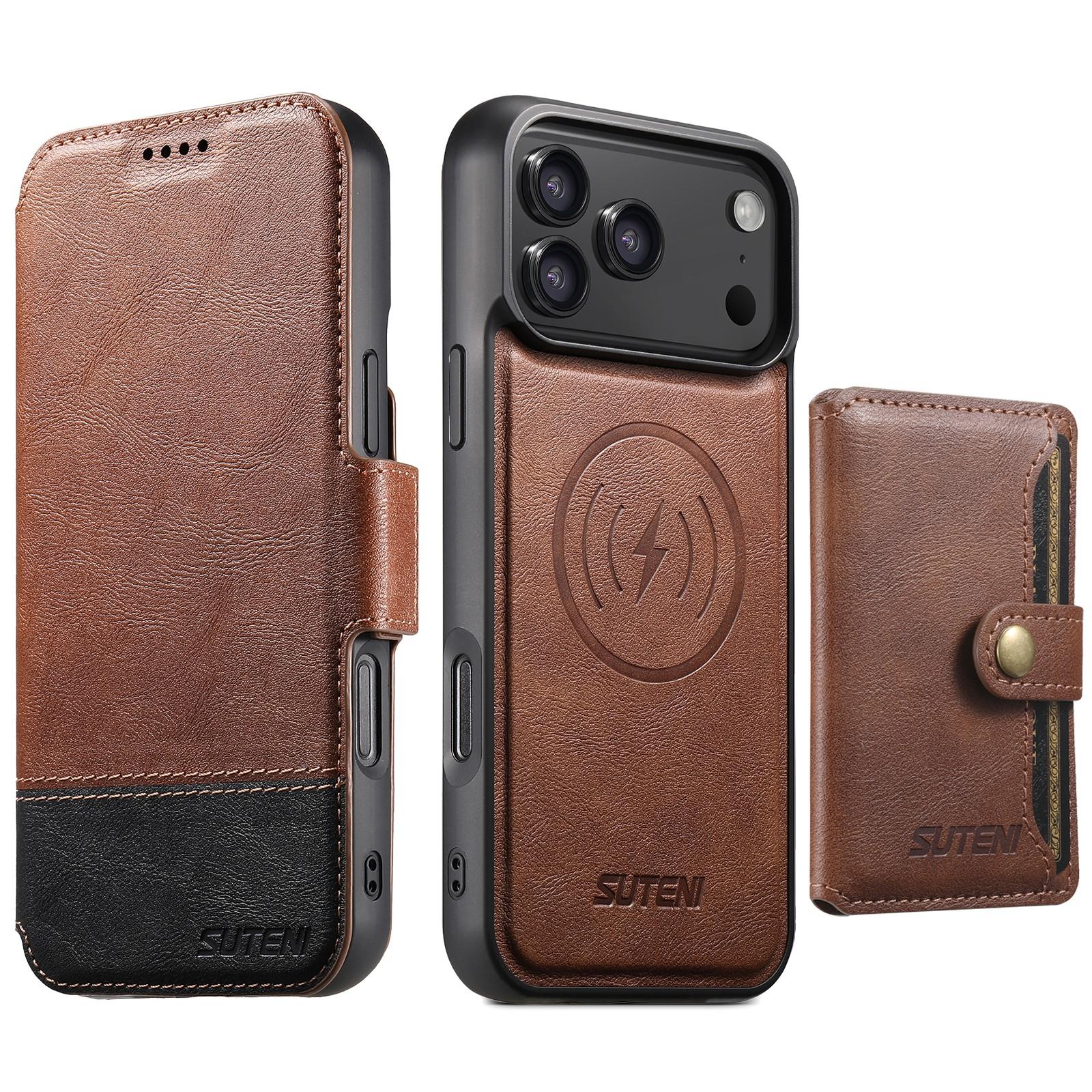 Compatible with iPhone 18 Pro Suteni Q06S1 3-in-1 Splicing Detachable Wallet MagSafe Leather Phone Case - Brown