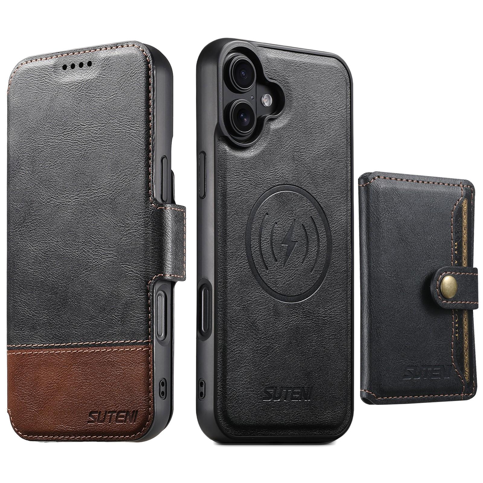 Compatible with iPhone 18 Suteni Q06S1 3-in-1 Splicing Detachable Wallet MagSafe Leather Phone Case - Black
