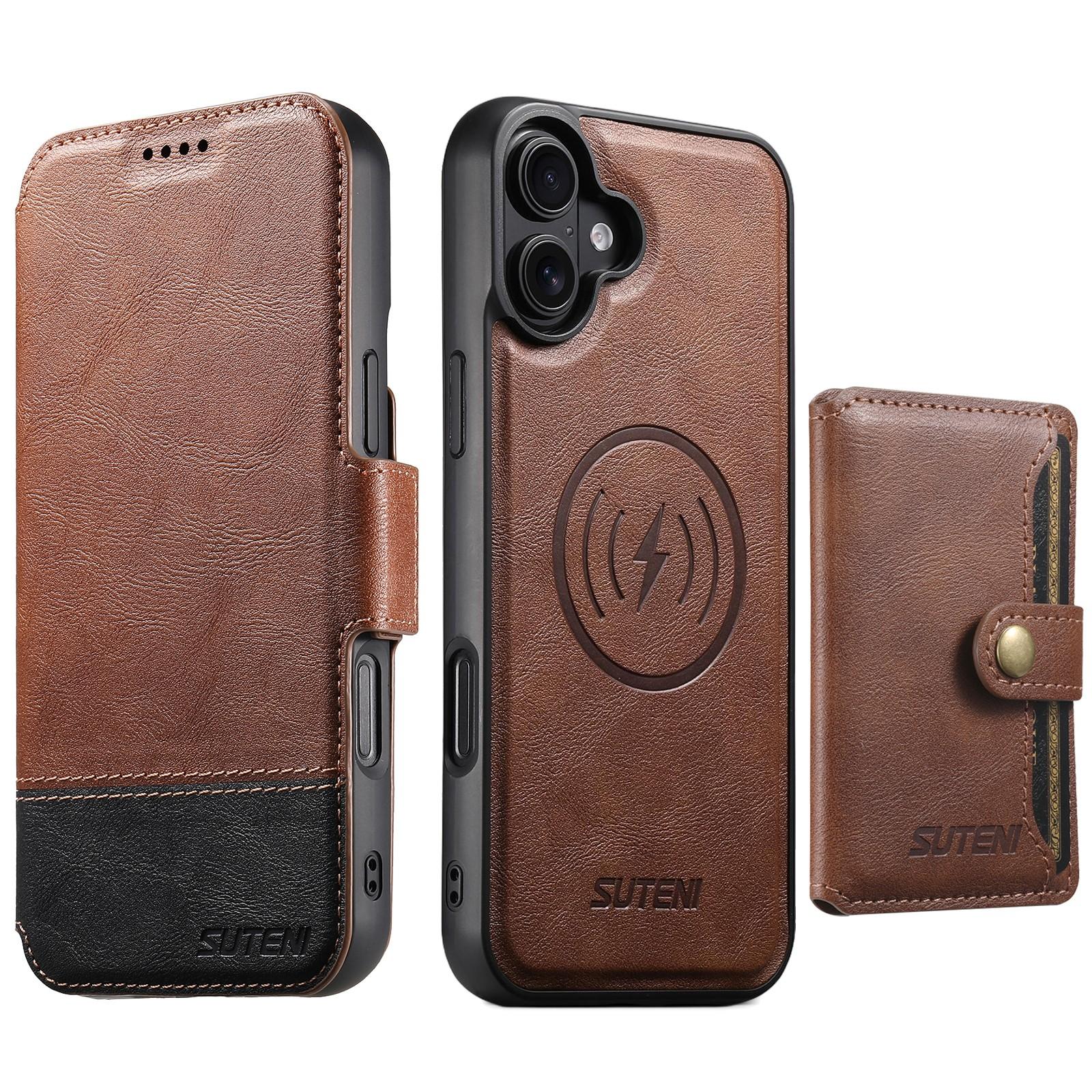 Compatible with iPhone 18 Suteni Q06S1 3-in-1 Splicing Detachable Wallet MagSafe Leather Phone Case - Brown