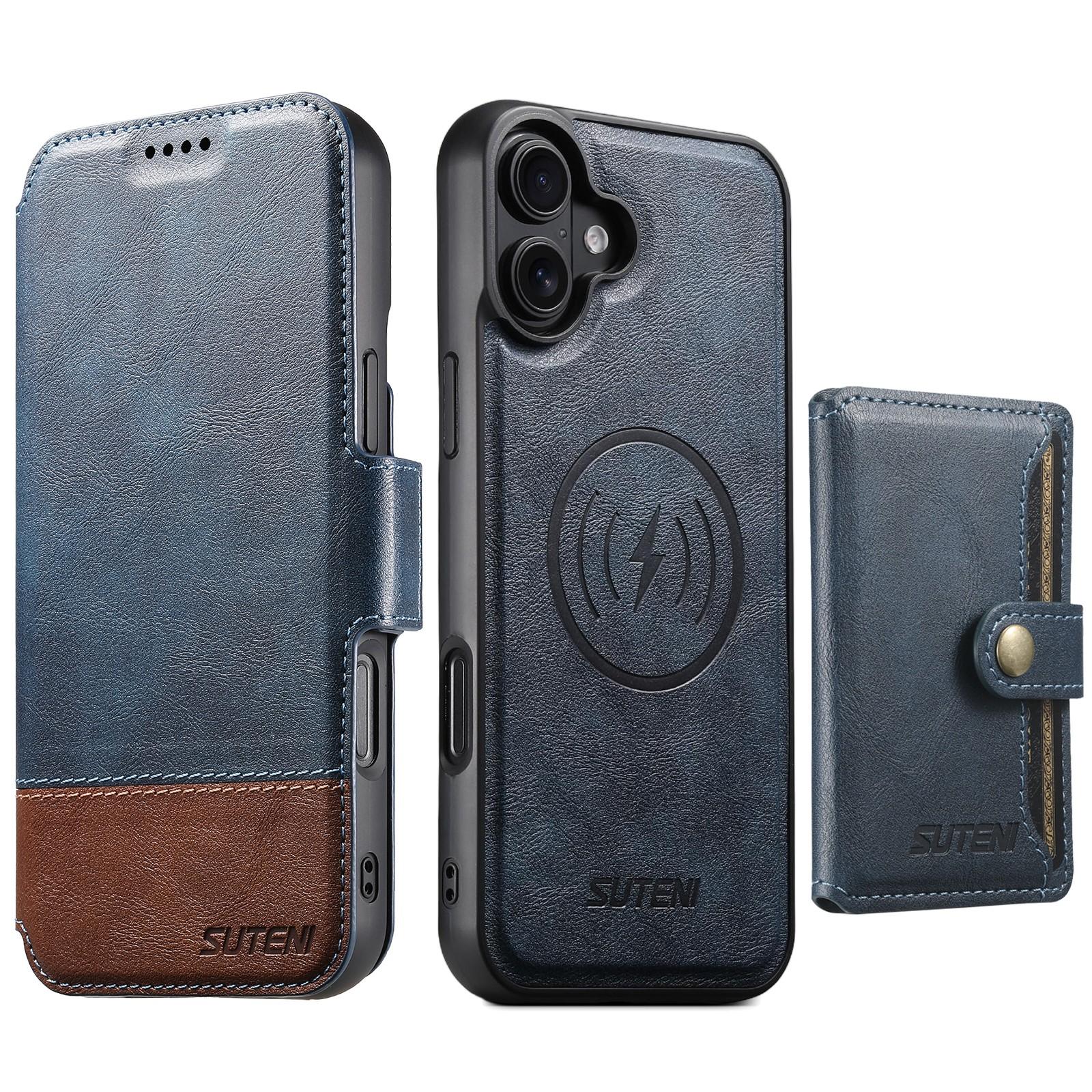 Compatible with iPhone 18 Suteni Q06S1 3-in-1 Splicing Detachable Wallet MagSafe Leather Phone Case - Blue