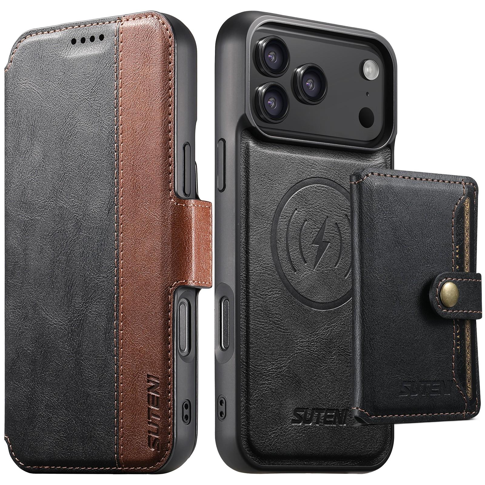 Compatible with iPhone 18 Pro Suteni Q07S1 3-in-1 Detachable Wallet MagSafe Splicing Leather Phone Case - Black
